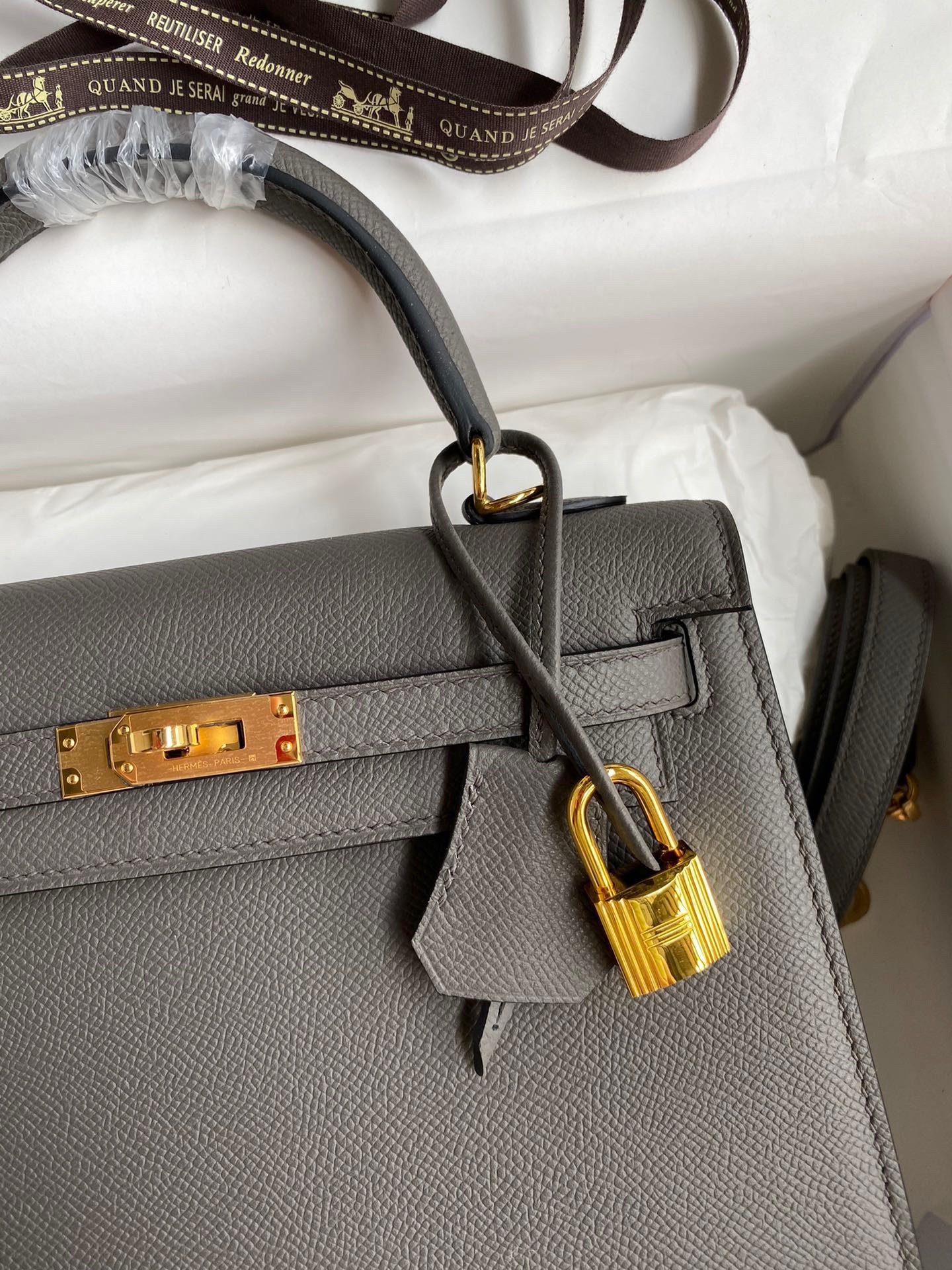 H**mes kelly sellier 28 handmade bag in etain epsom calfskin