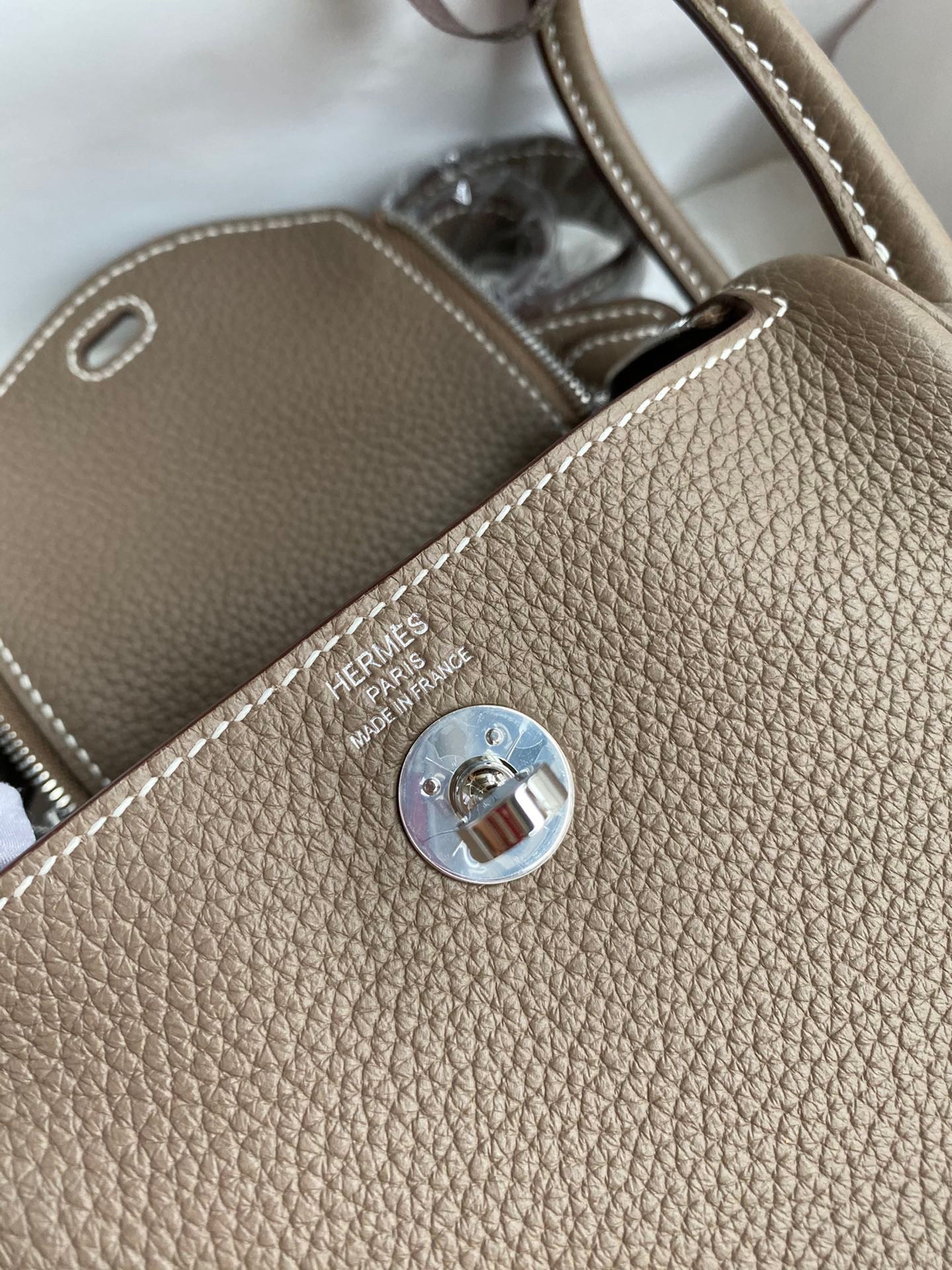 H**mes mini lindy handmade bag in taupe clemence leather