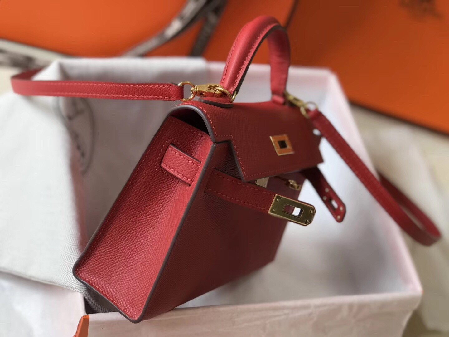 H**mes kelly mini ii bag in rouge vif epsom leather