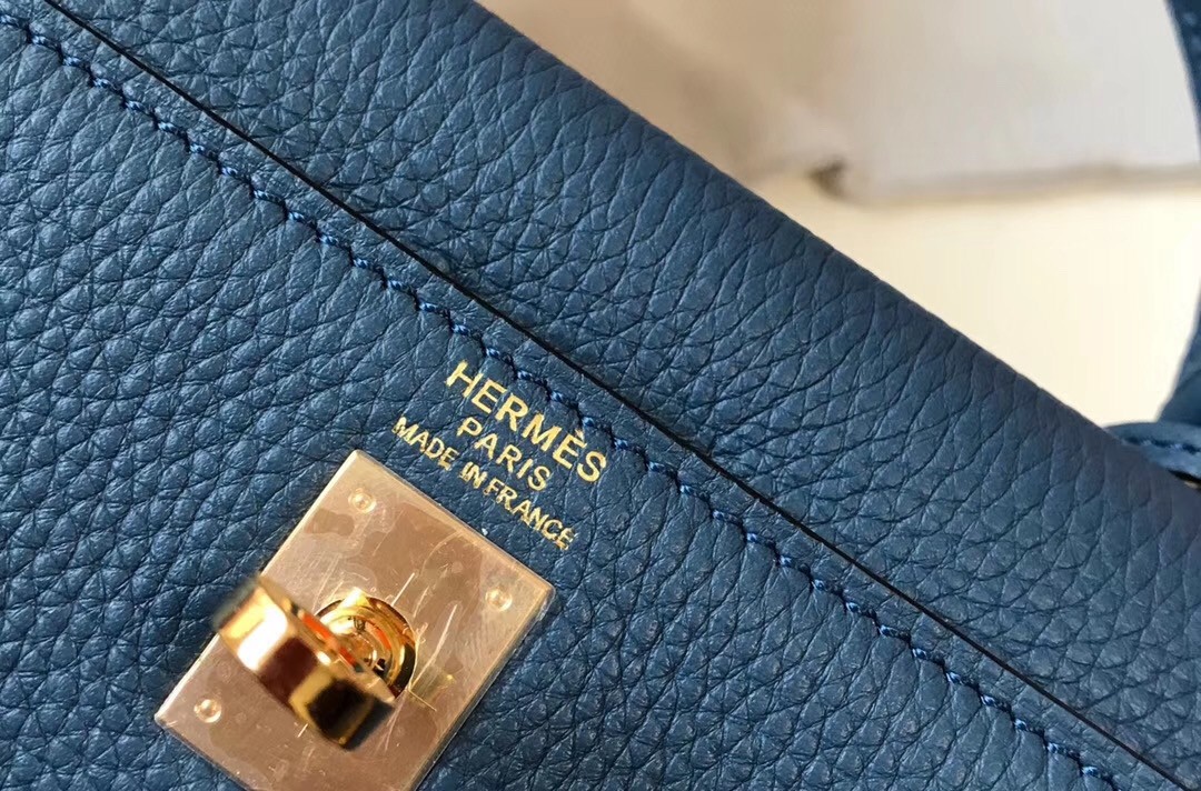H**mes kelly 25cm retourne bag in agate blue clemence leather
