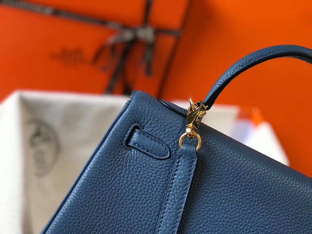 H**mes kelly 25cm retourne bag in agate blue clemence leather