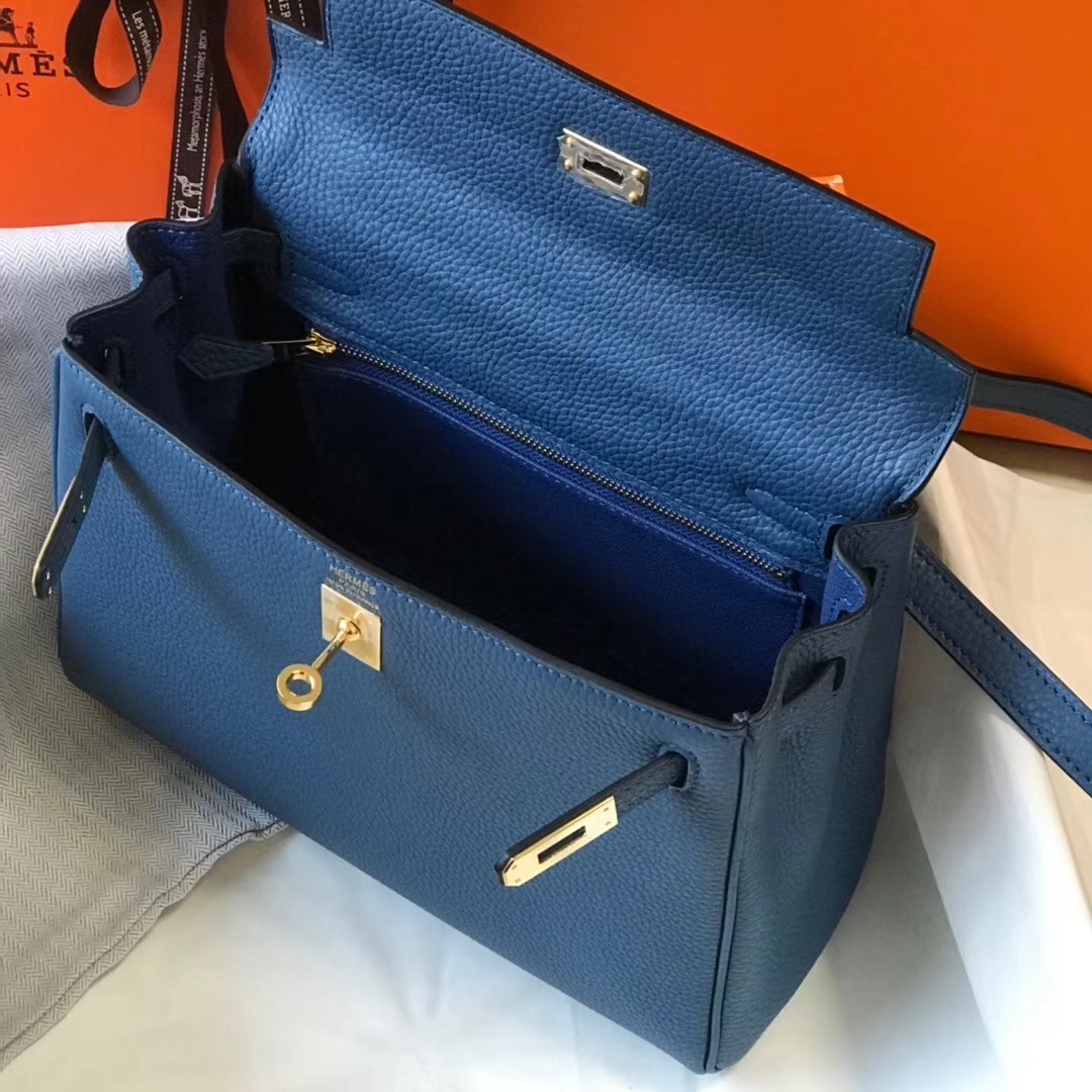H**mes kelly 25cm retourne bag in agate blue clemence leather