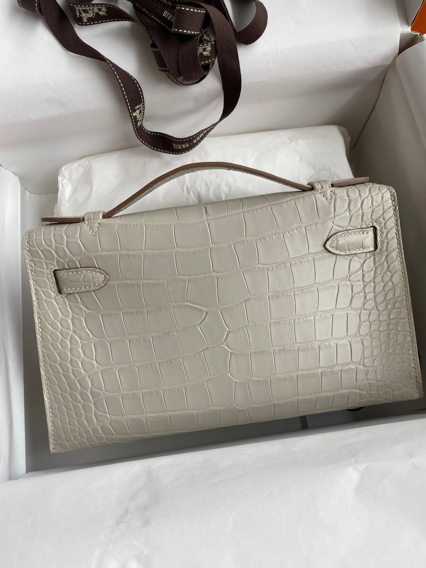 H**mes kelly pochette handmade bag in beton matte alligator leather