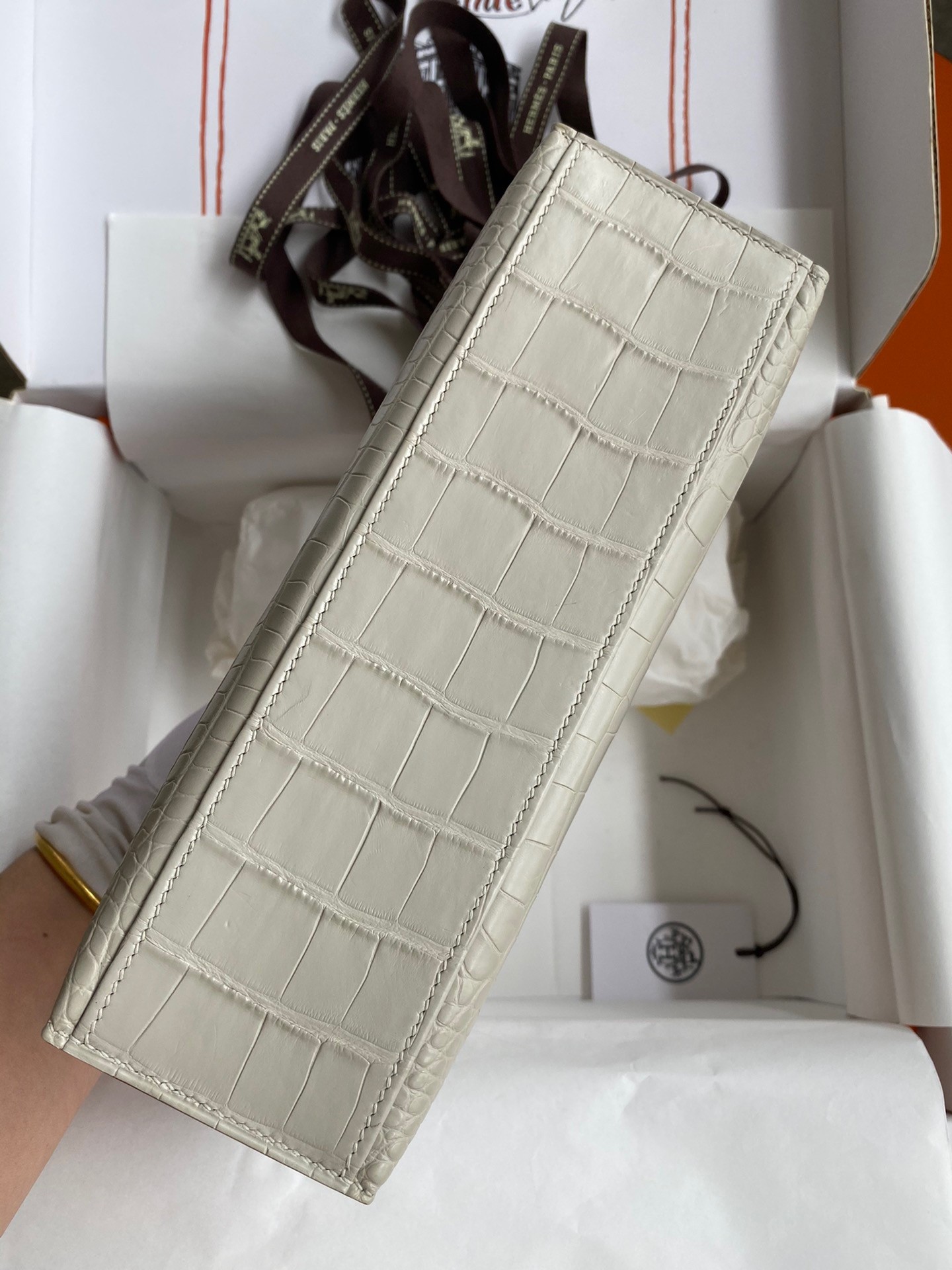 H**mes kelly pochette handmade bag in beton matte alligator leather