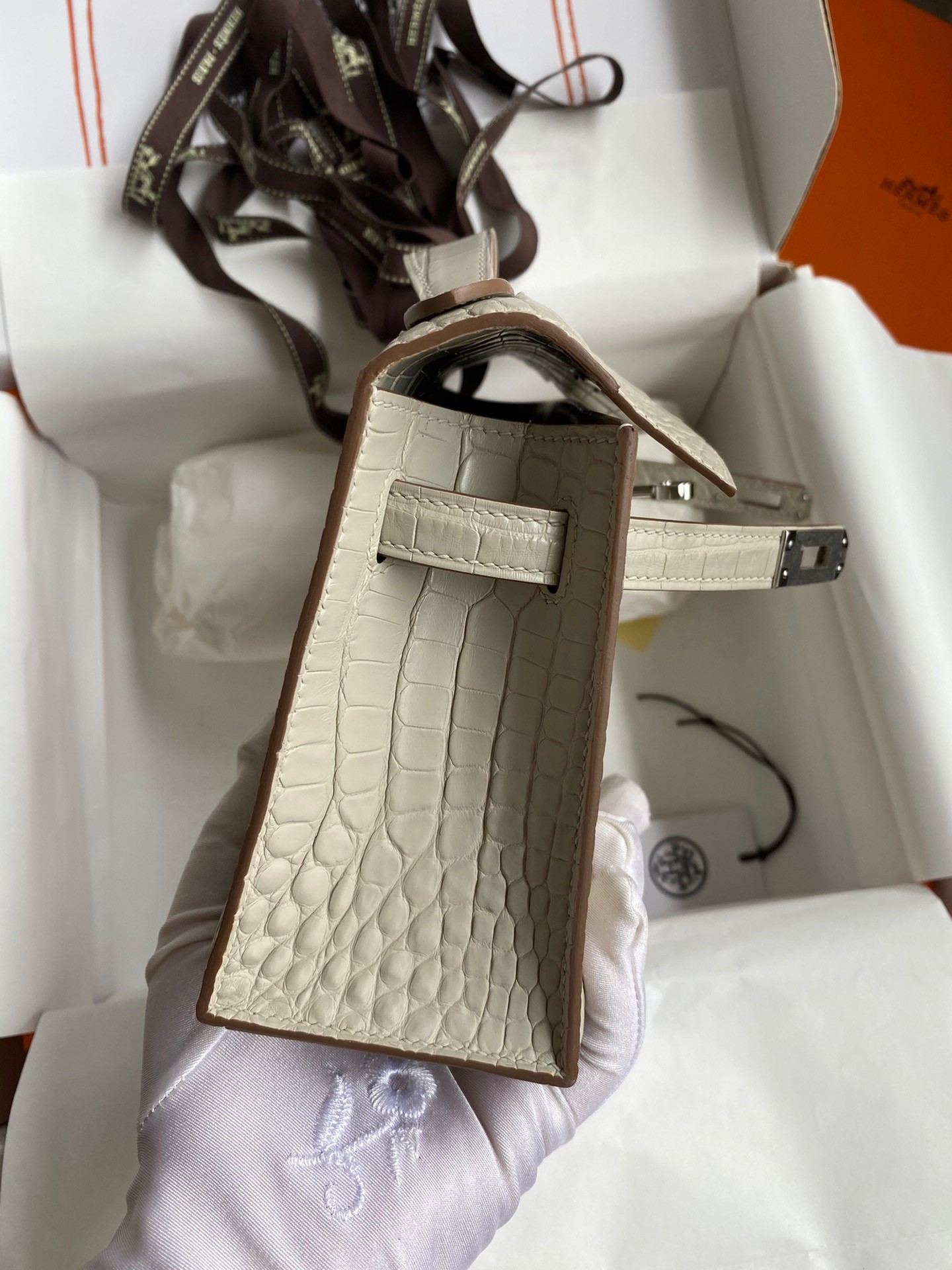 H**mes kelly pochette handmade bag in beton matte alligator leather