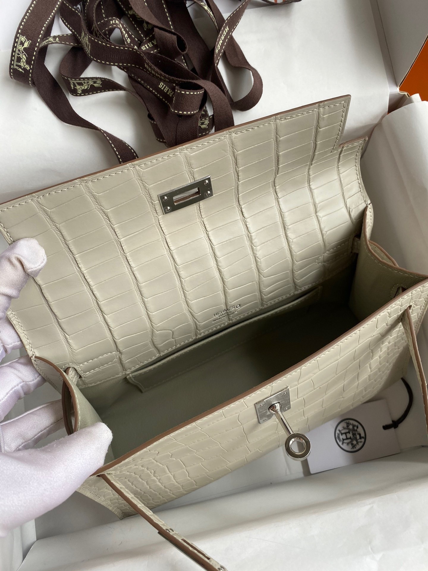H**mes kelly pochette handmade bag in beton matte alligator leather