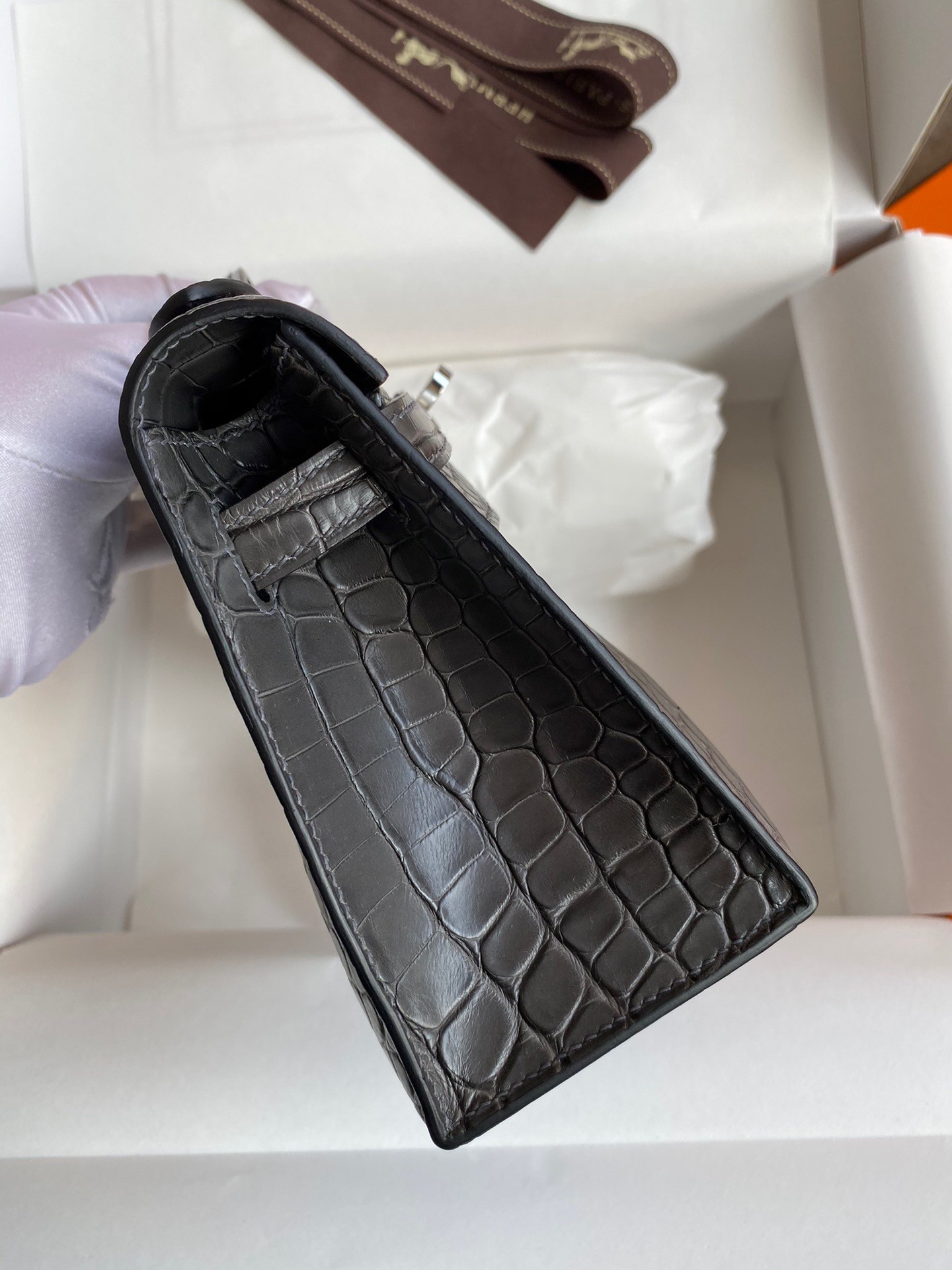 H**mes kelly pochette handmade bag in graphite matte alligator leather