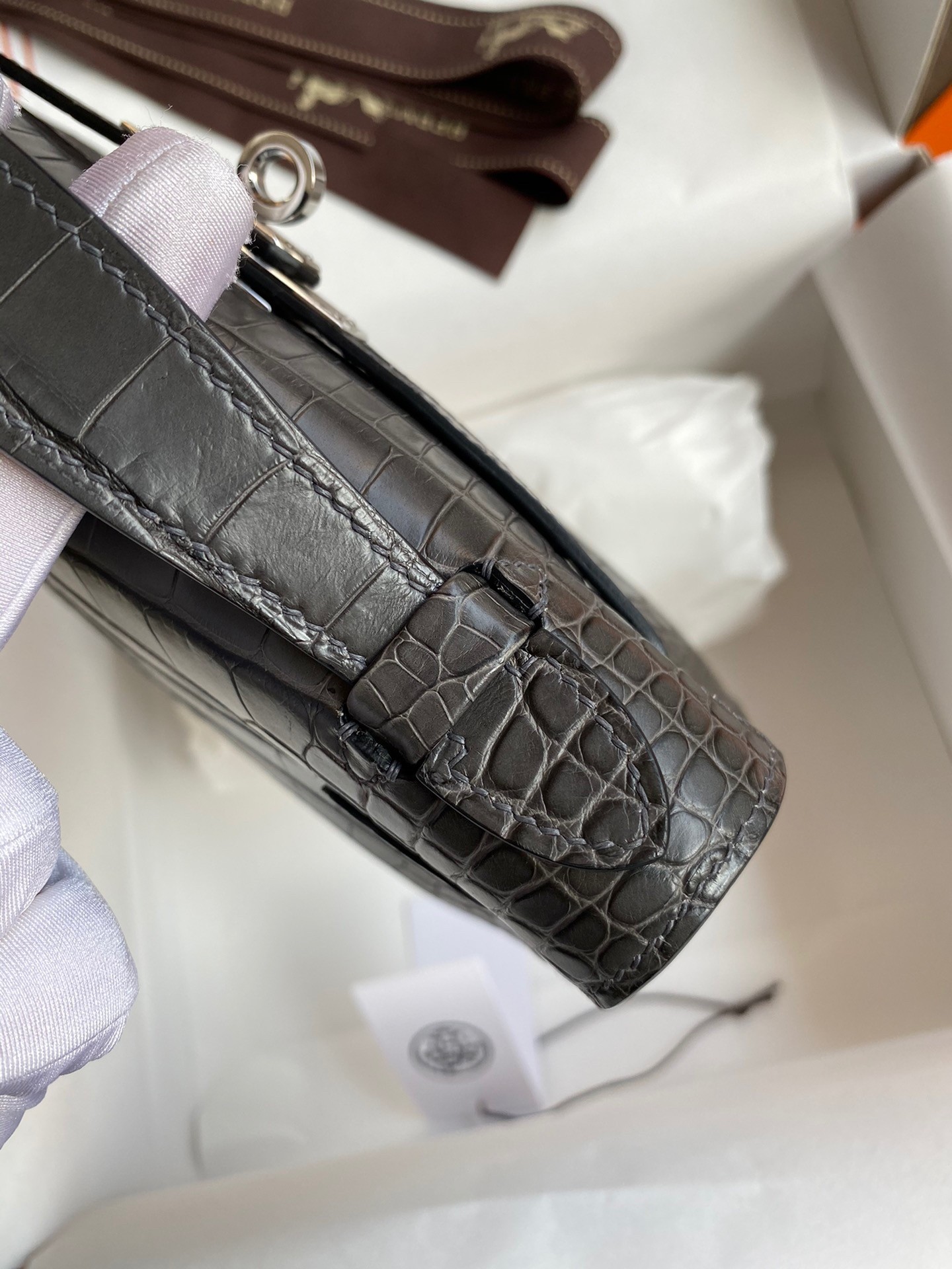 H**mes kelly pochette handmade bag in graphite matte alligator leather