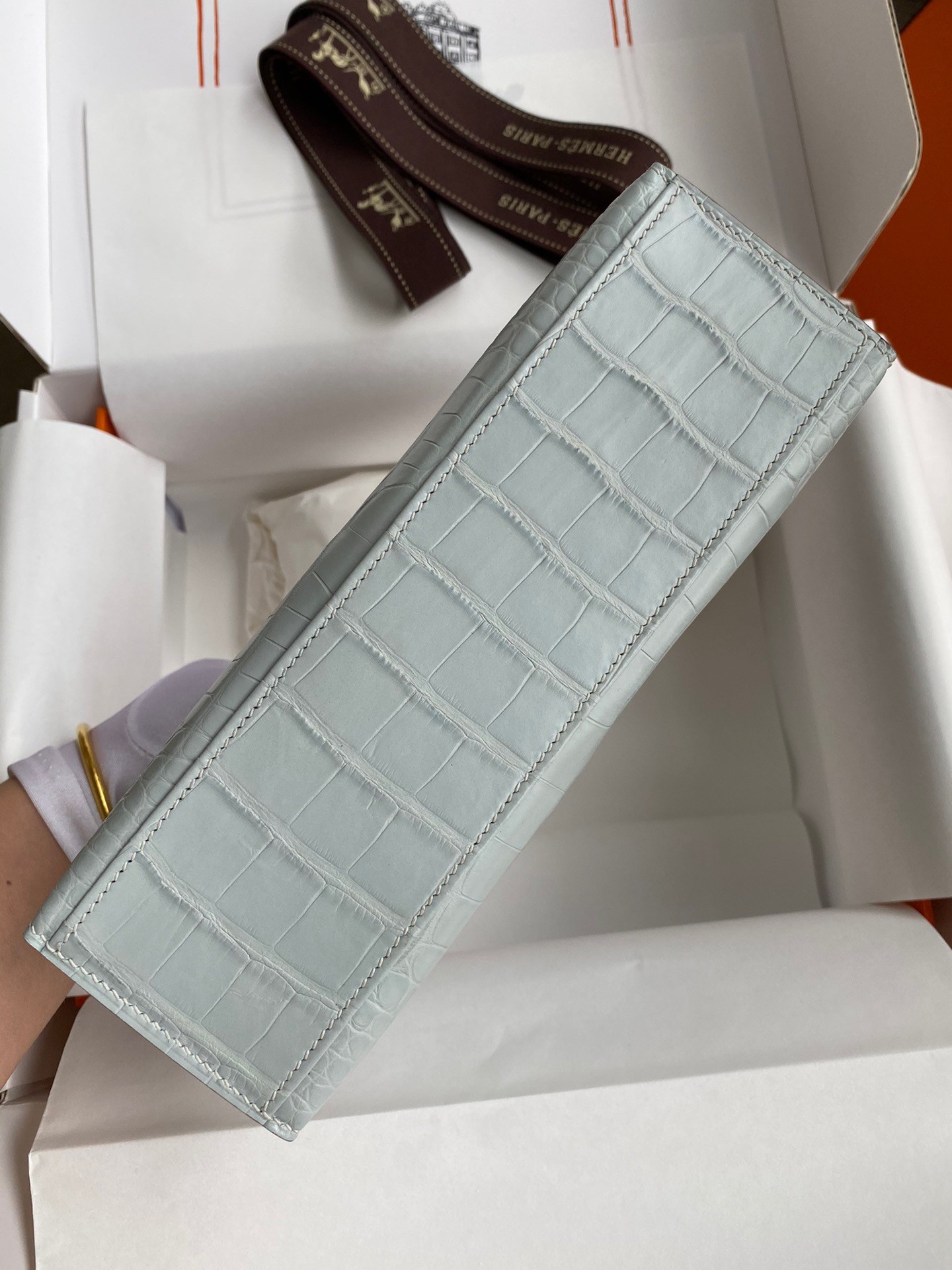 H**mes kelly pochette handmade bag in pearl grey matte alligator leather