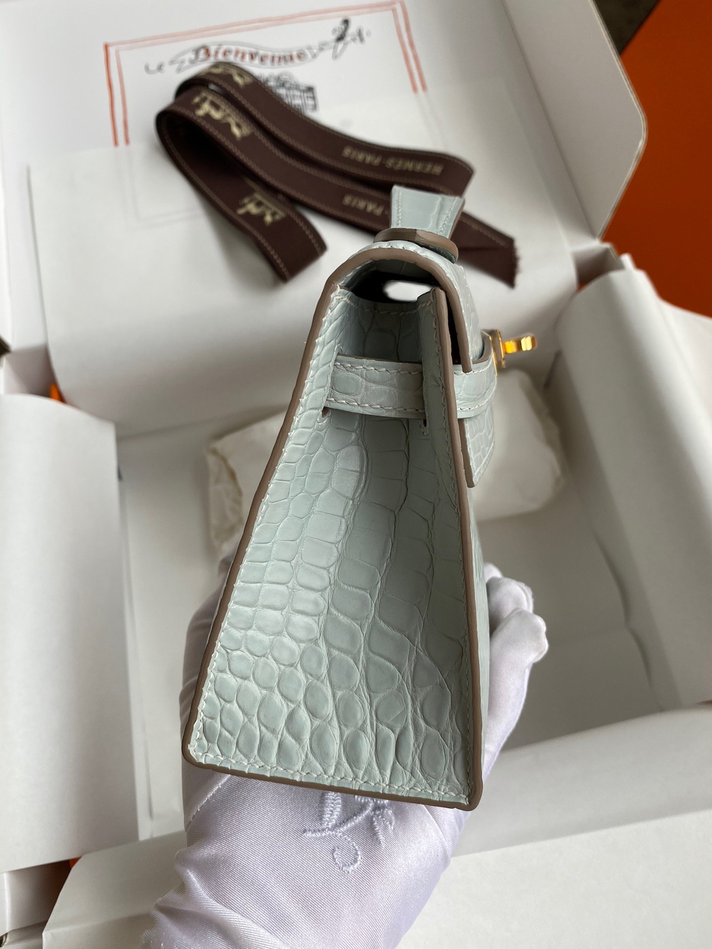 H**mes kelly pochette handmade bag in pearl grey matte alligator leather