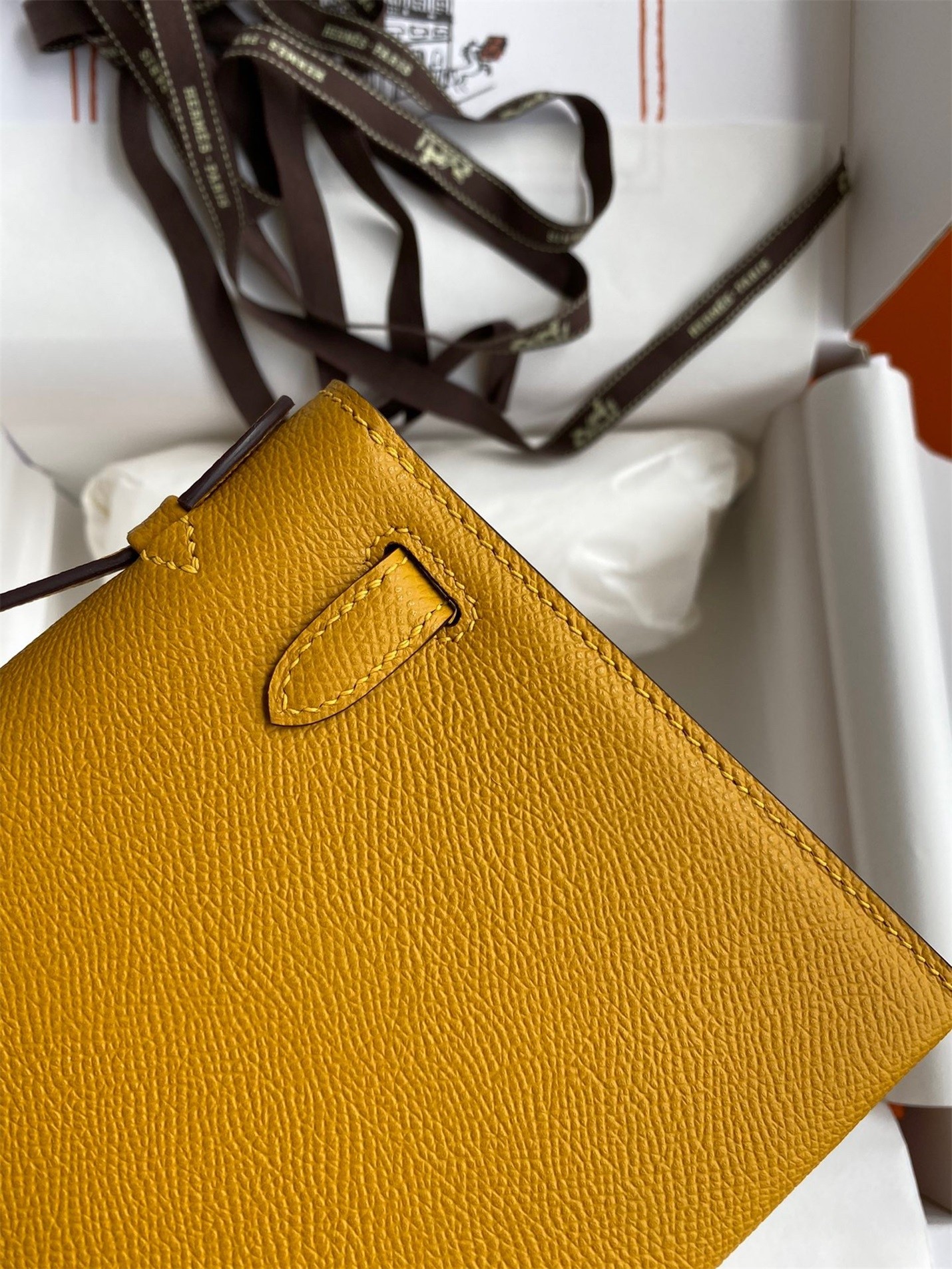 H**mes kelly pochette handmade bag in jaune ambre epsom calfskin