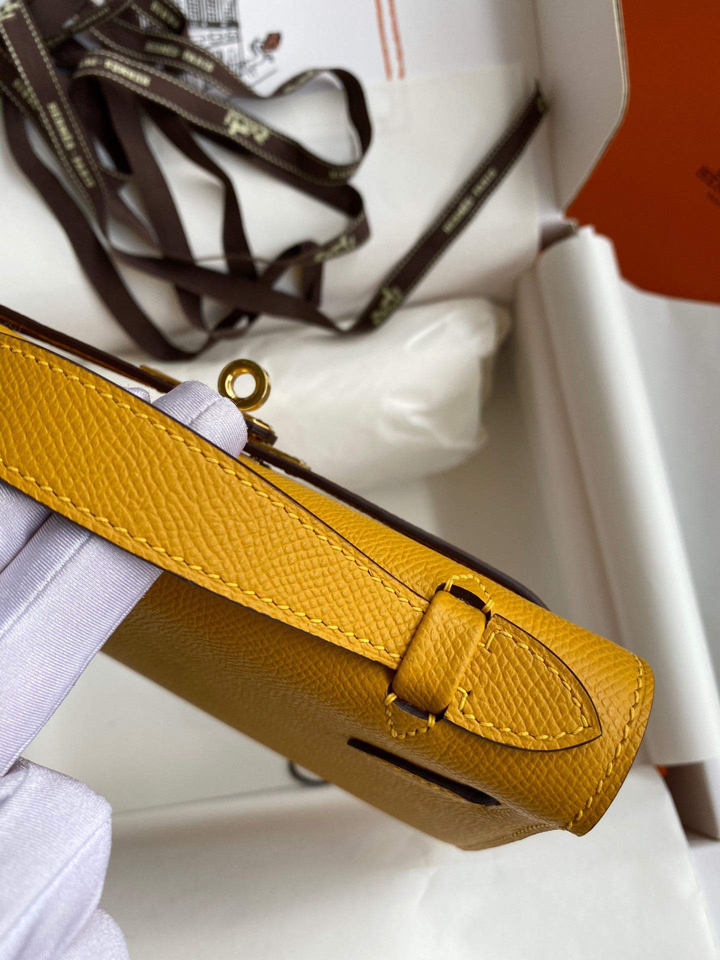 H**mes kelly pochette handmade bag in jaune ambre epsom calfskin