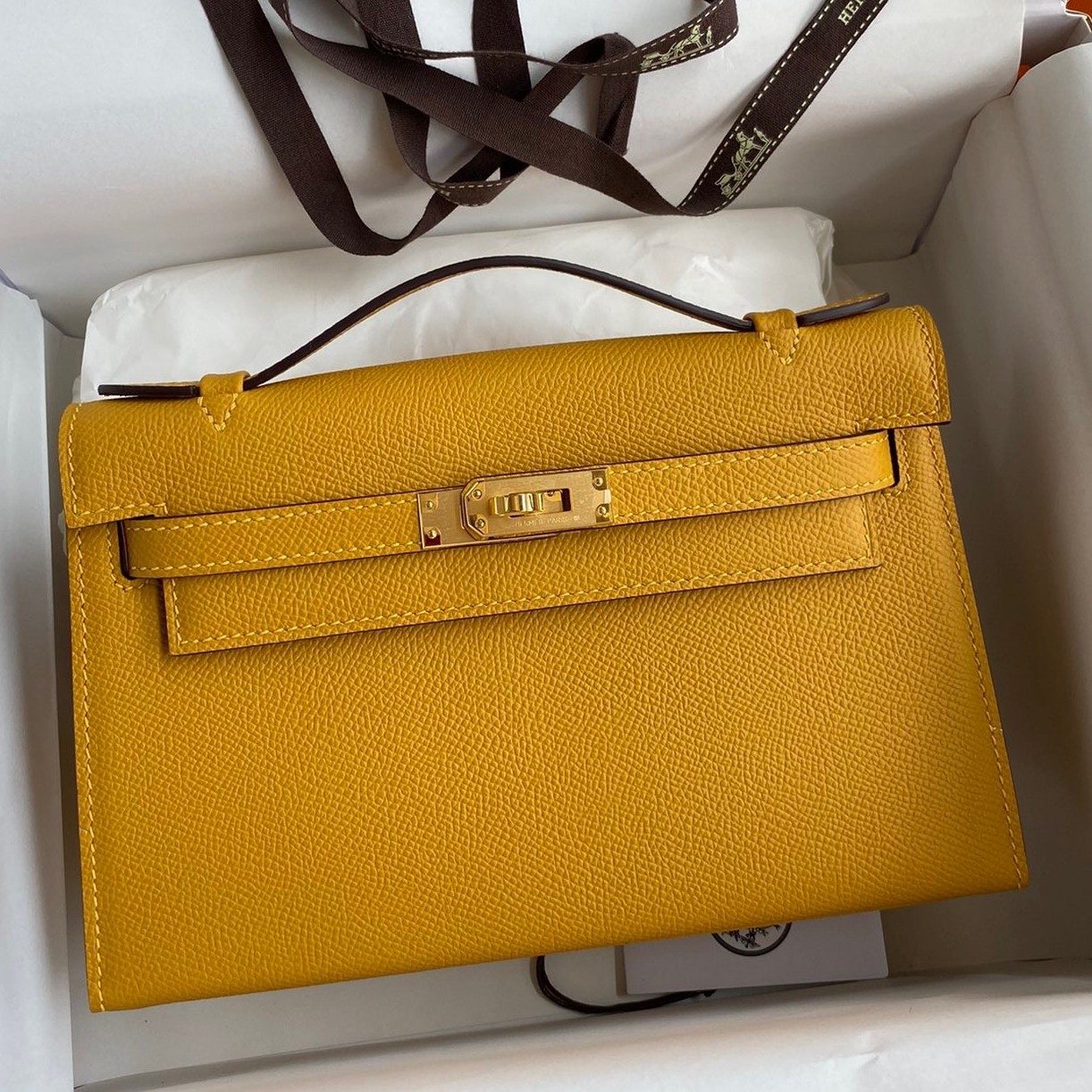 H**mes kelly pochette handmade bag in jaune ambre epsom calfskin