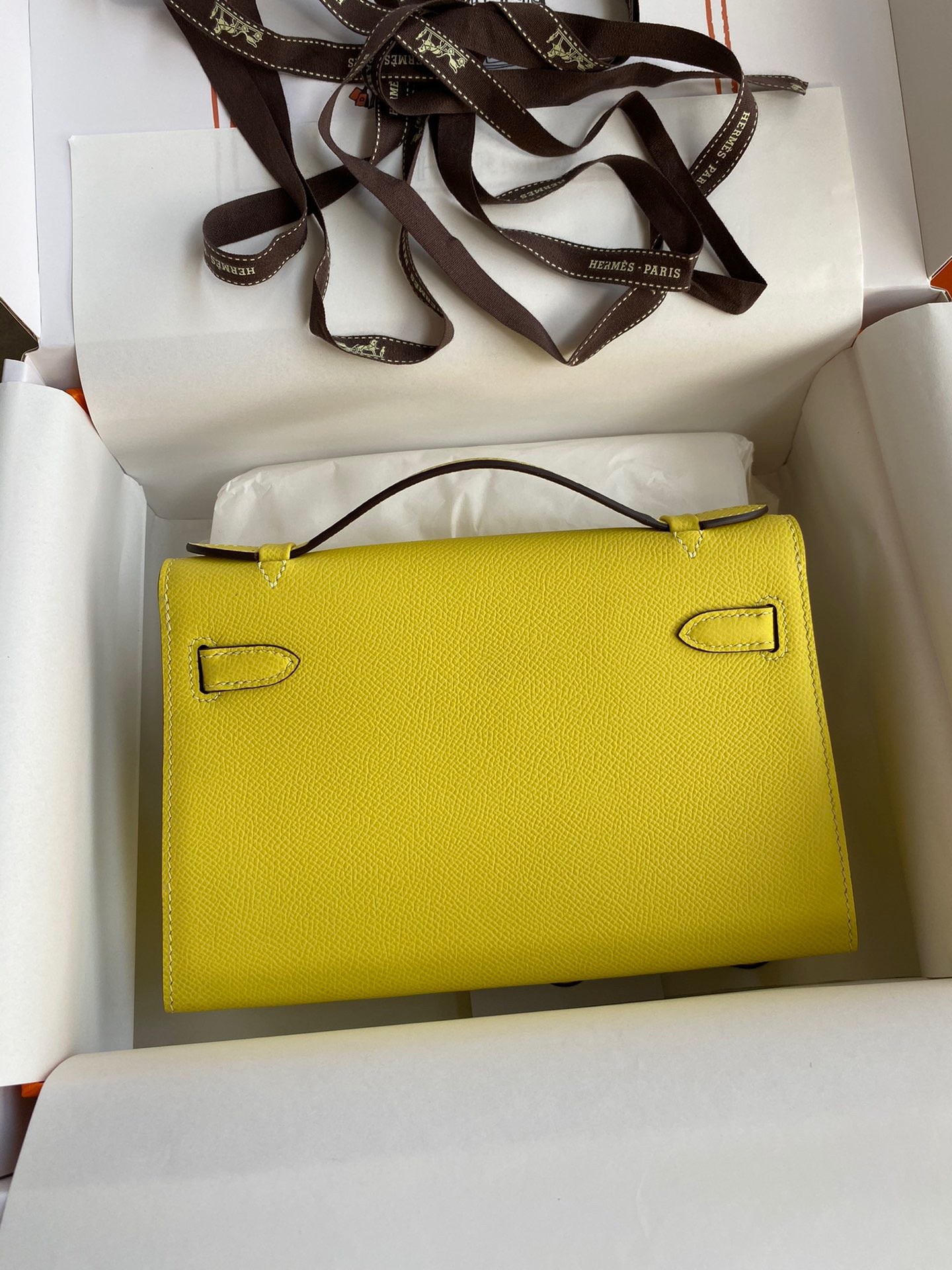 H**mes kelly pochette handmade bag in lime epsom calfskin
