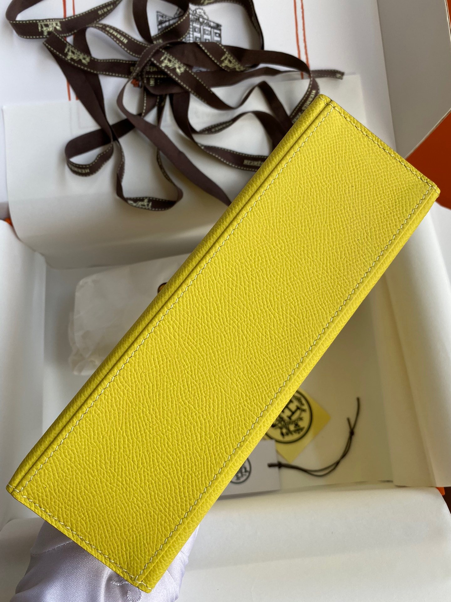 H**mes kelly pochette handmade bag in lime epsom calfskin