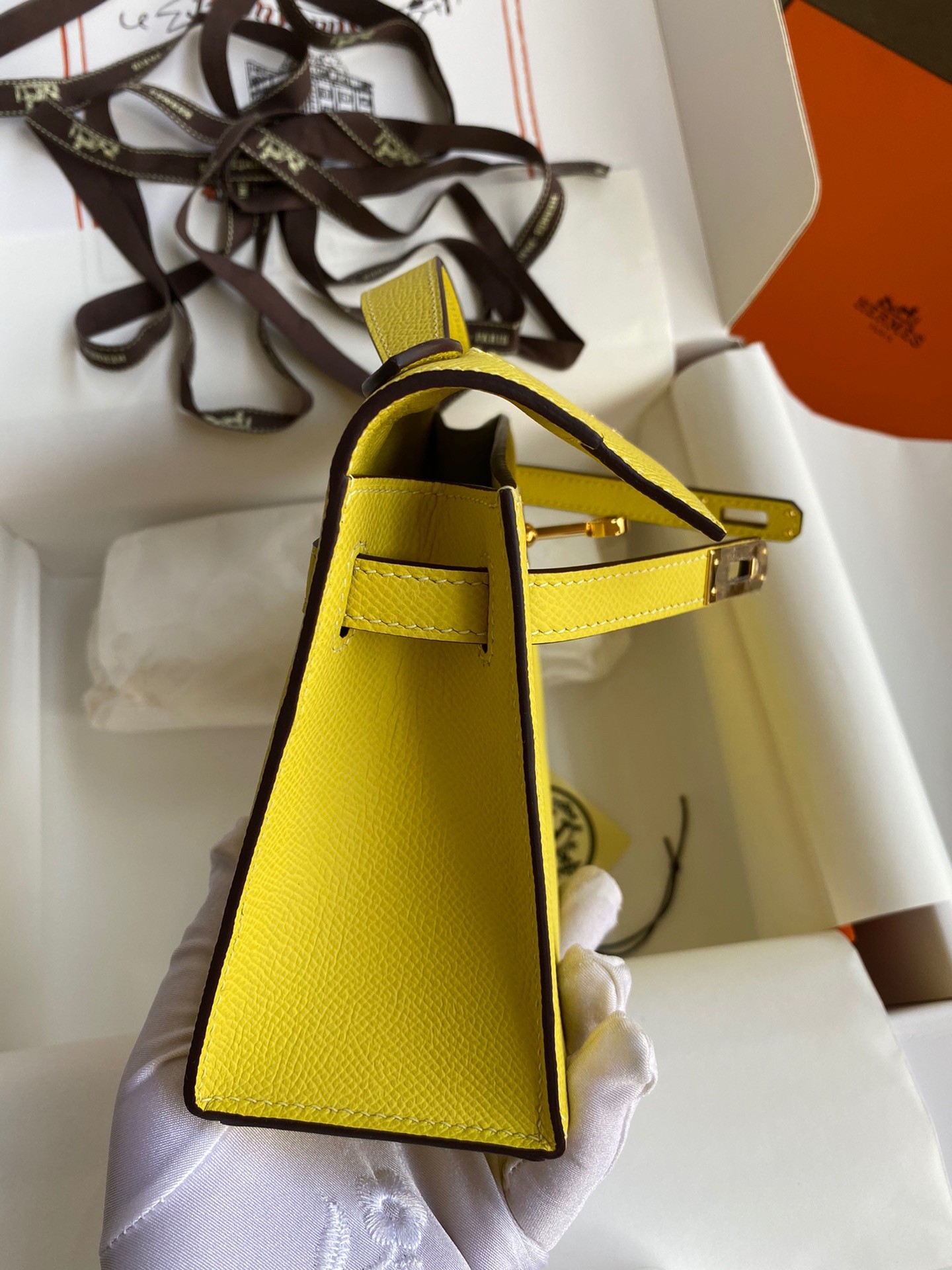 H**mes kelly pochette handmade bag in lime epsom calfskin