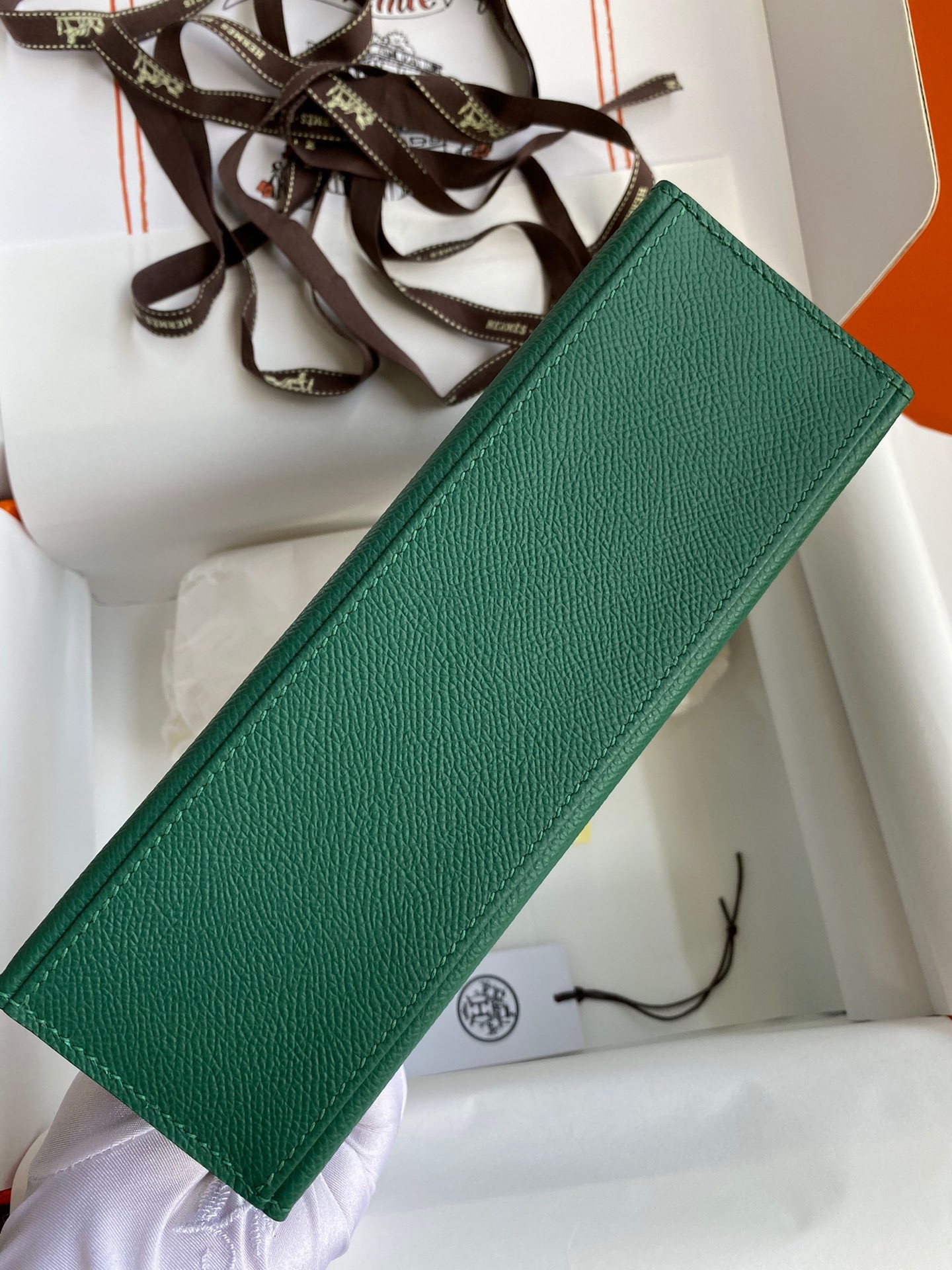 H**mes kelly pochette handmade bag in malachite epsom calfskin