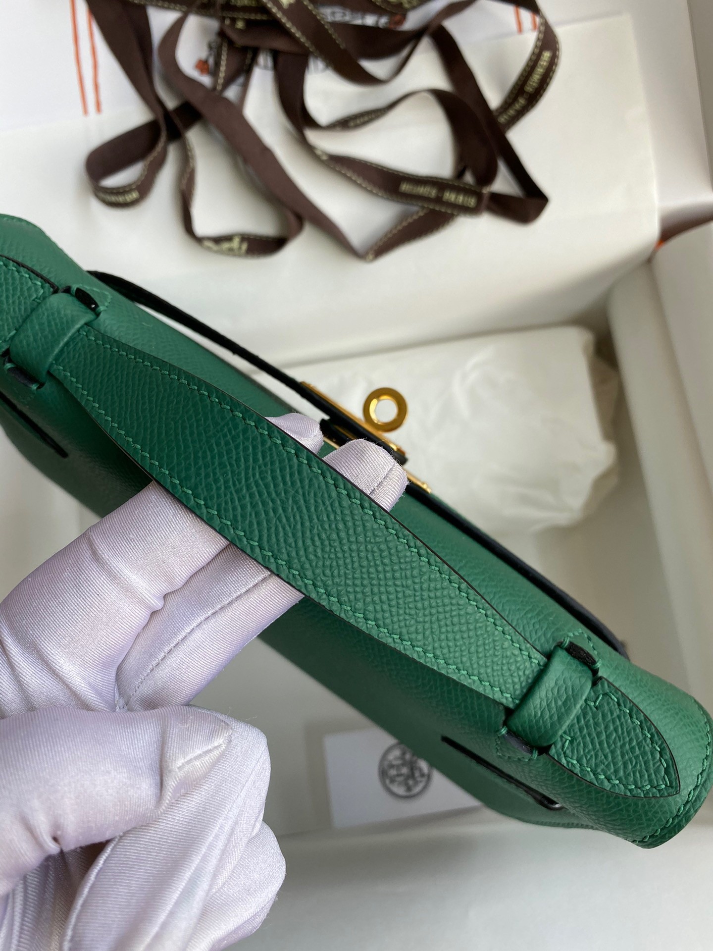 H**mes kelly pochette handmade bag in malachite epsom calfskin