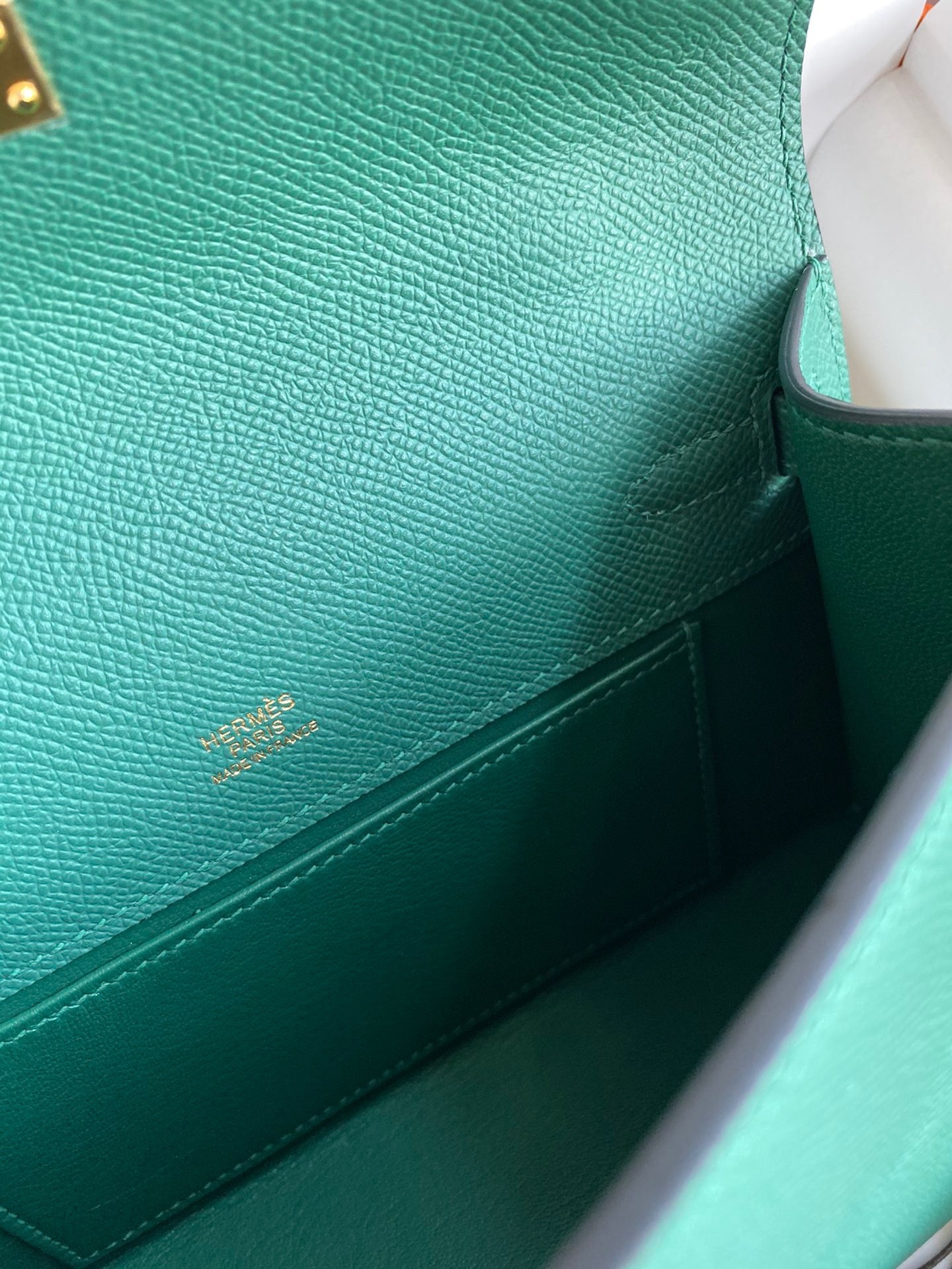 H**mes kelly pochette handmade bag in malachite epsom calfskin