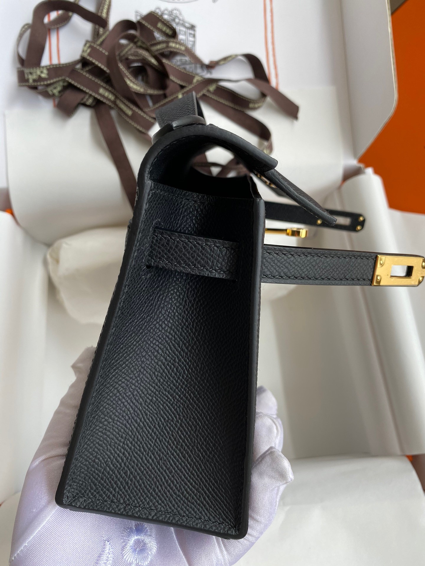 H**mes kelly pochette handmade bag in black epsom calfskin