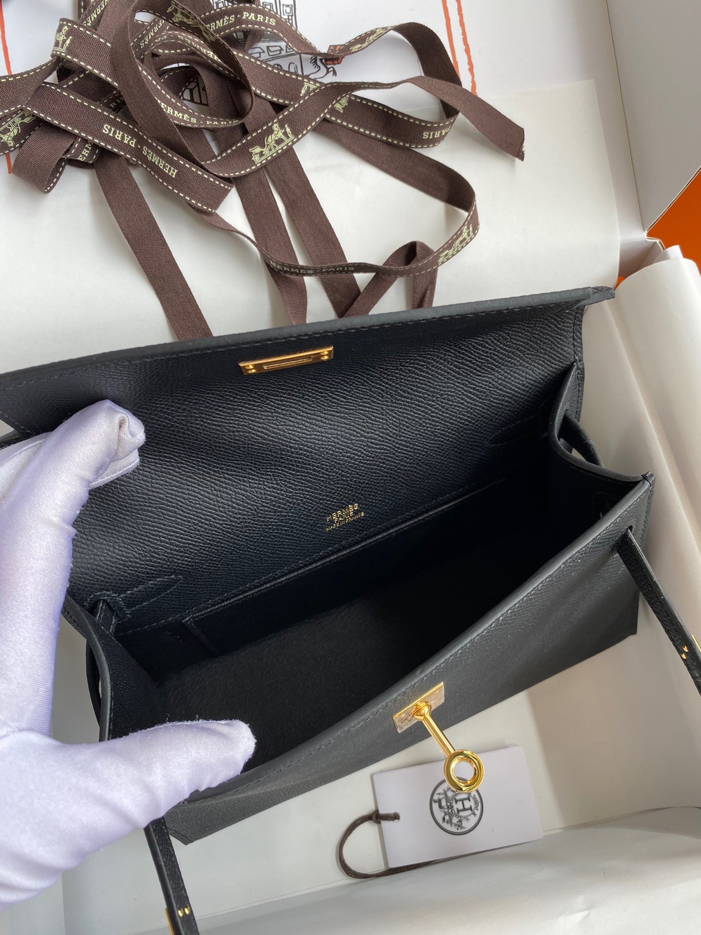 H**mes kelly pochette handmade bag in black epsom calfskin