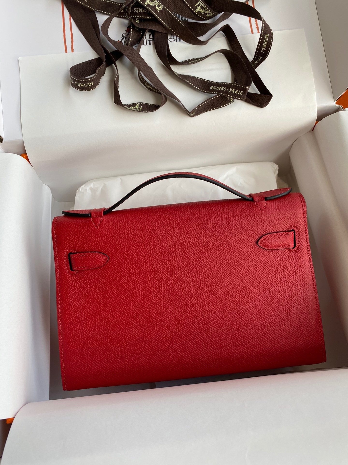 H**mes kelly pochette handmade bag in red epsom calfskin