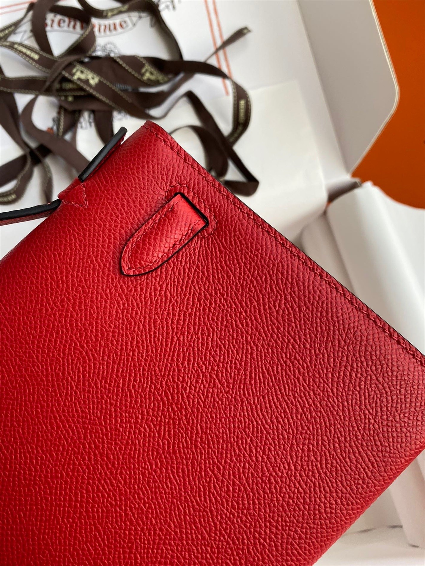 H**mes kelly pochette handmade bag in red epsom calfskin
