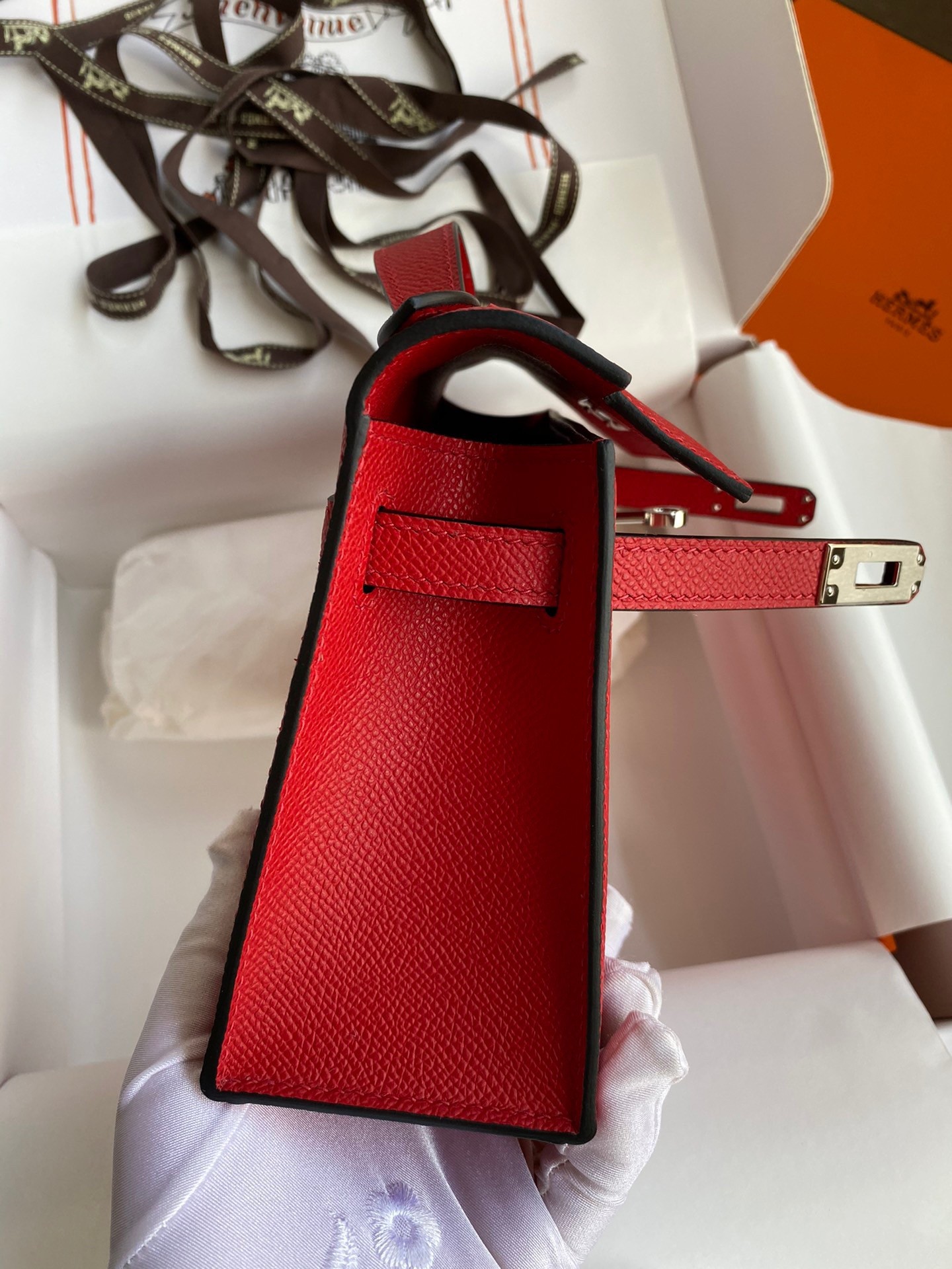 H**mes kelly pochette handmade bag in red epsom calfskin