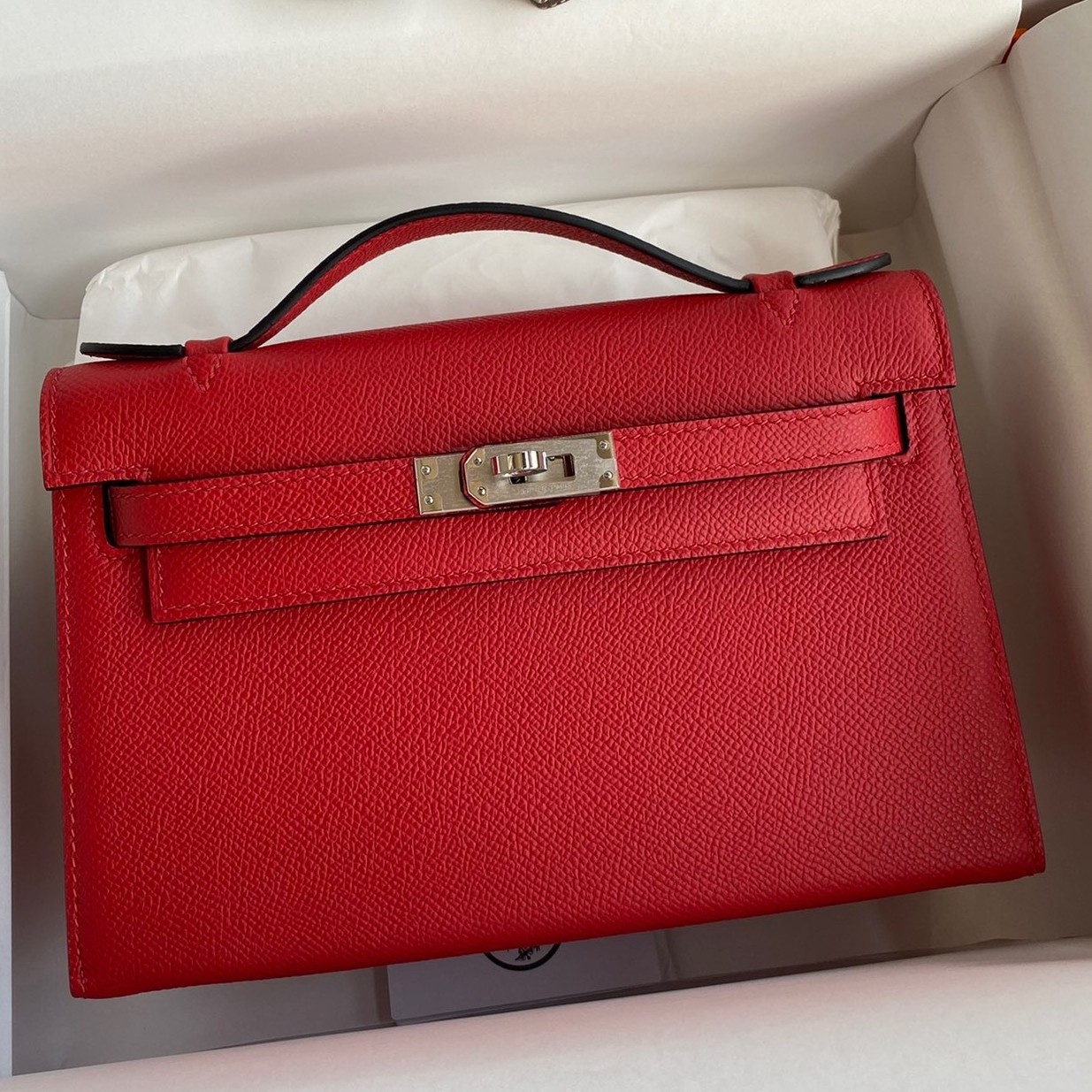 H**mes kelly pochette handmade bag in red epsom calfskin