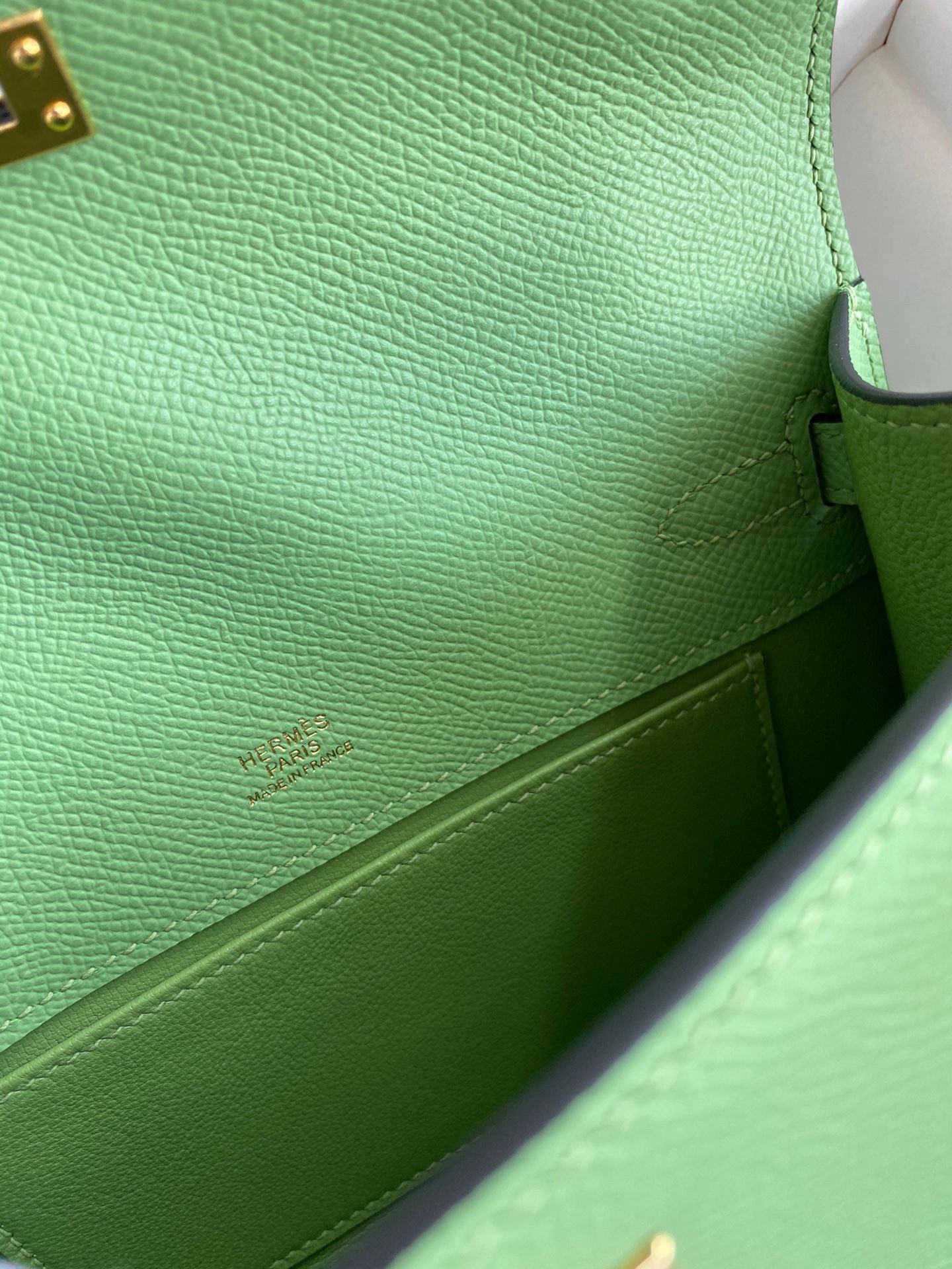 H**mes kelly pochette handmade bag in vert cypres epsom calfskin