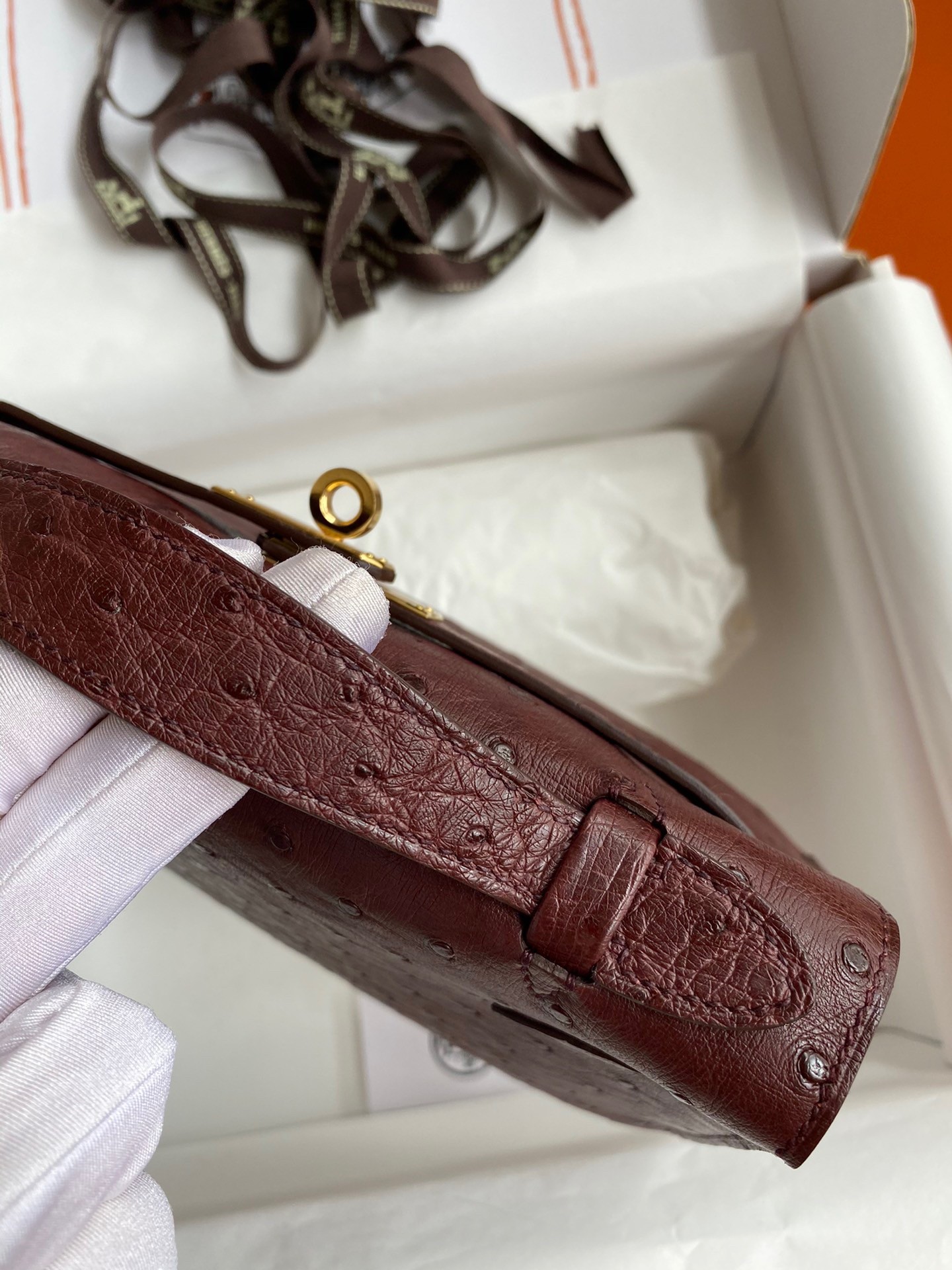 H**mes kelly pochette handmade bag in bordeaux ostrich leather