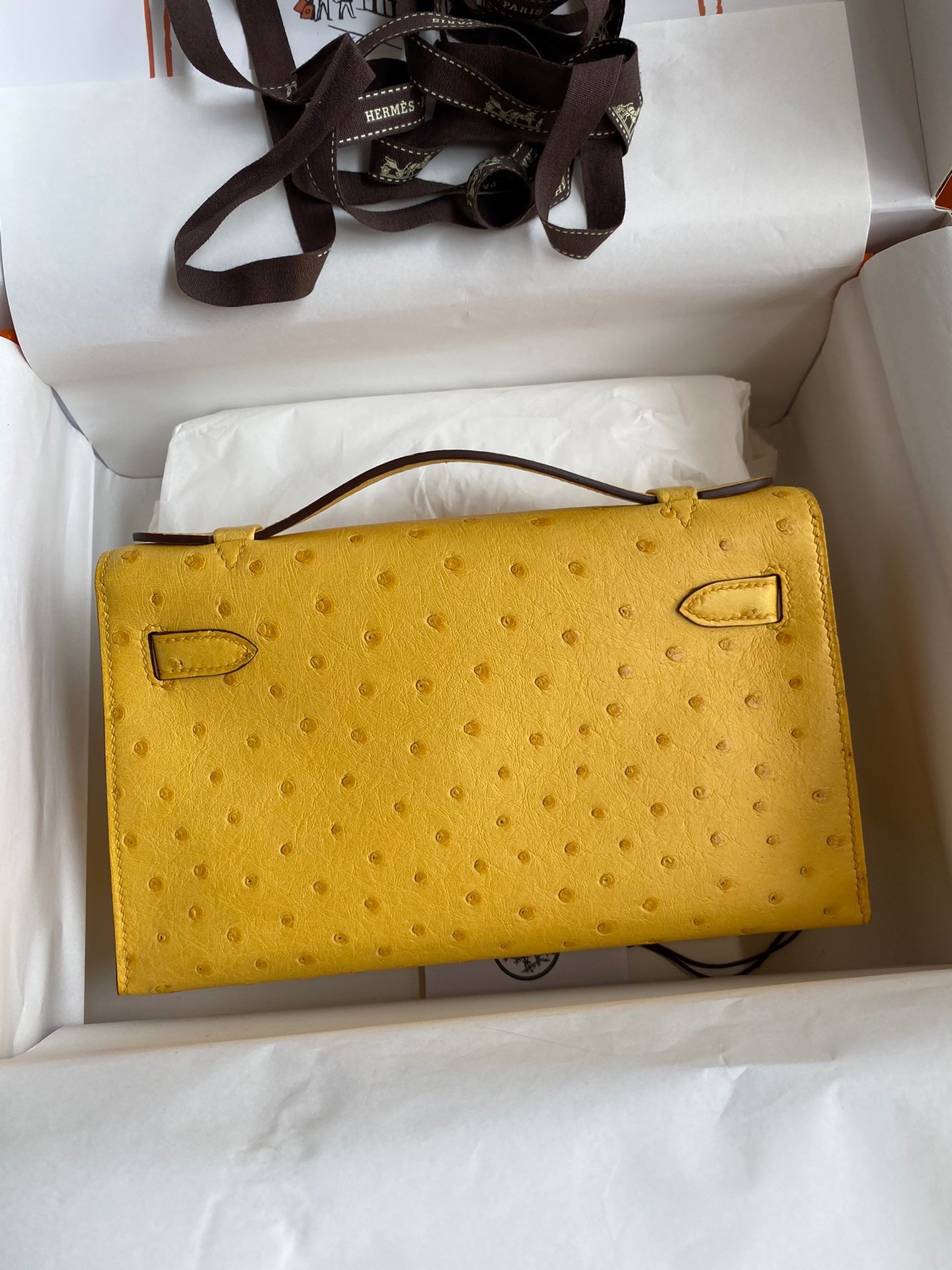 H**mes kelly pochette handmade bag in jaune ambre ostrich leather