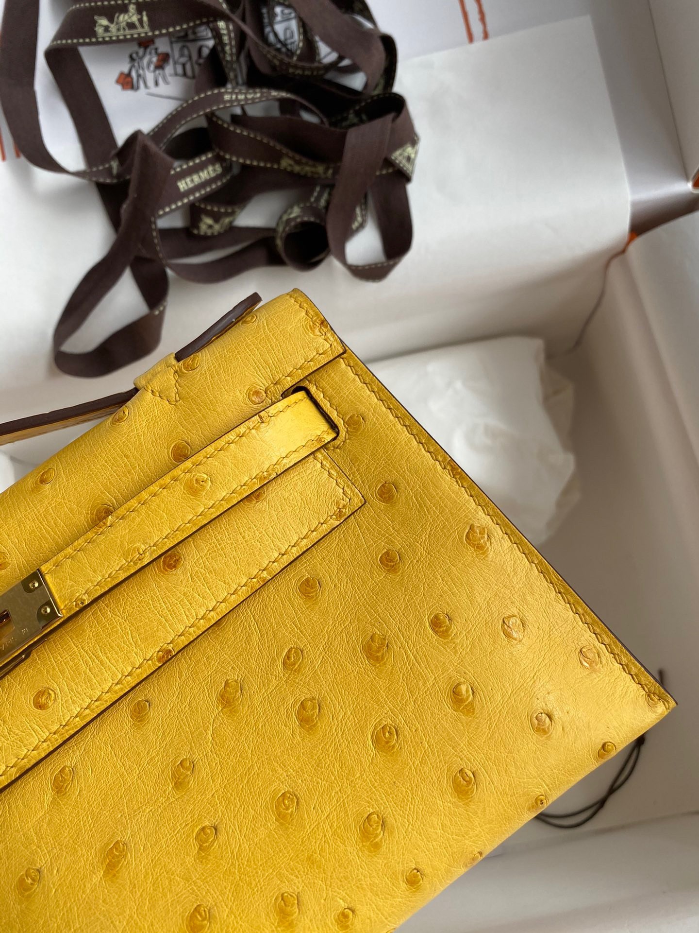 H**mes kelly pochette handmade bag in jaune ambre ostrich leather