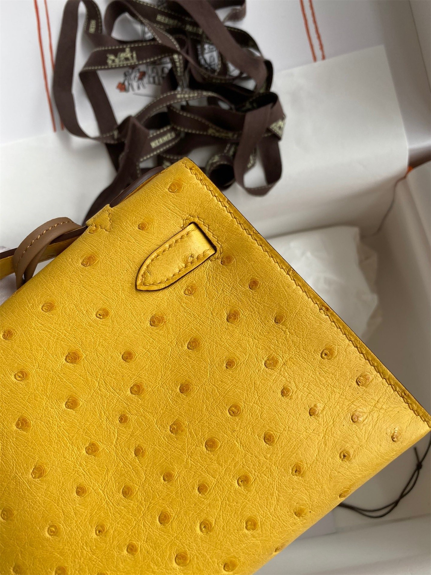 H**mes kelly pochette handmade bag in jaune ambre ostrich leather
