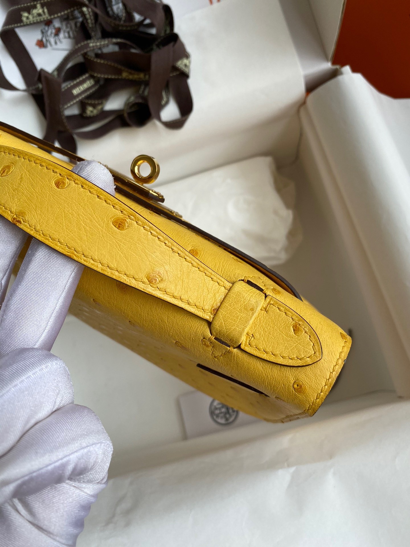 H**mes kelly pochette handmade bag in jaune ambre ostrich leather