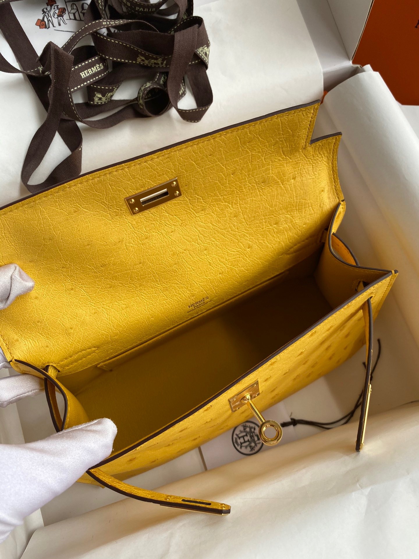 H**mes kelly pochette handmade bag in jaune ambre ostrich leather