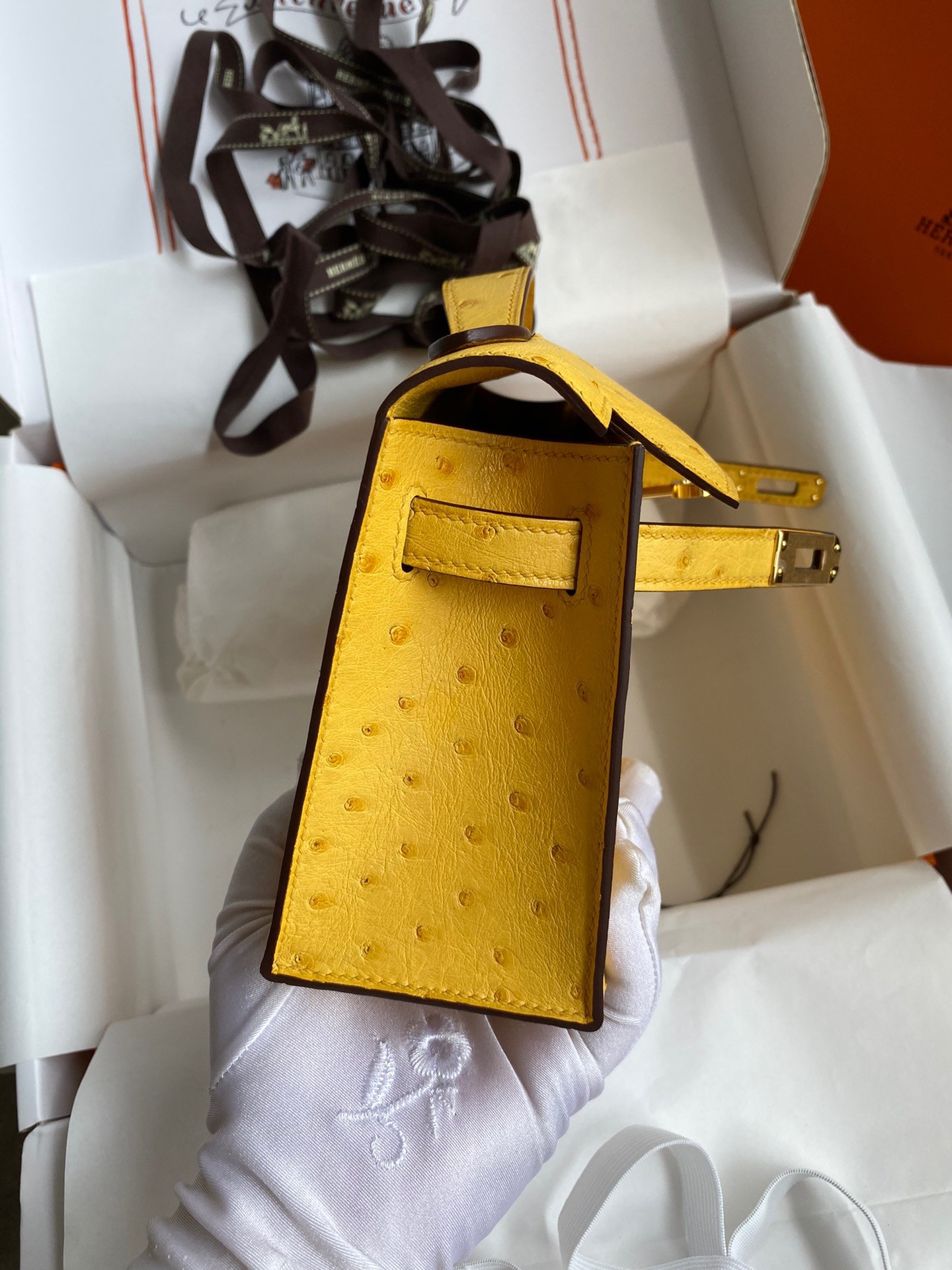 H**mes kelly pochette handmade bag in jaune ambre ostrich leather