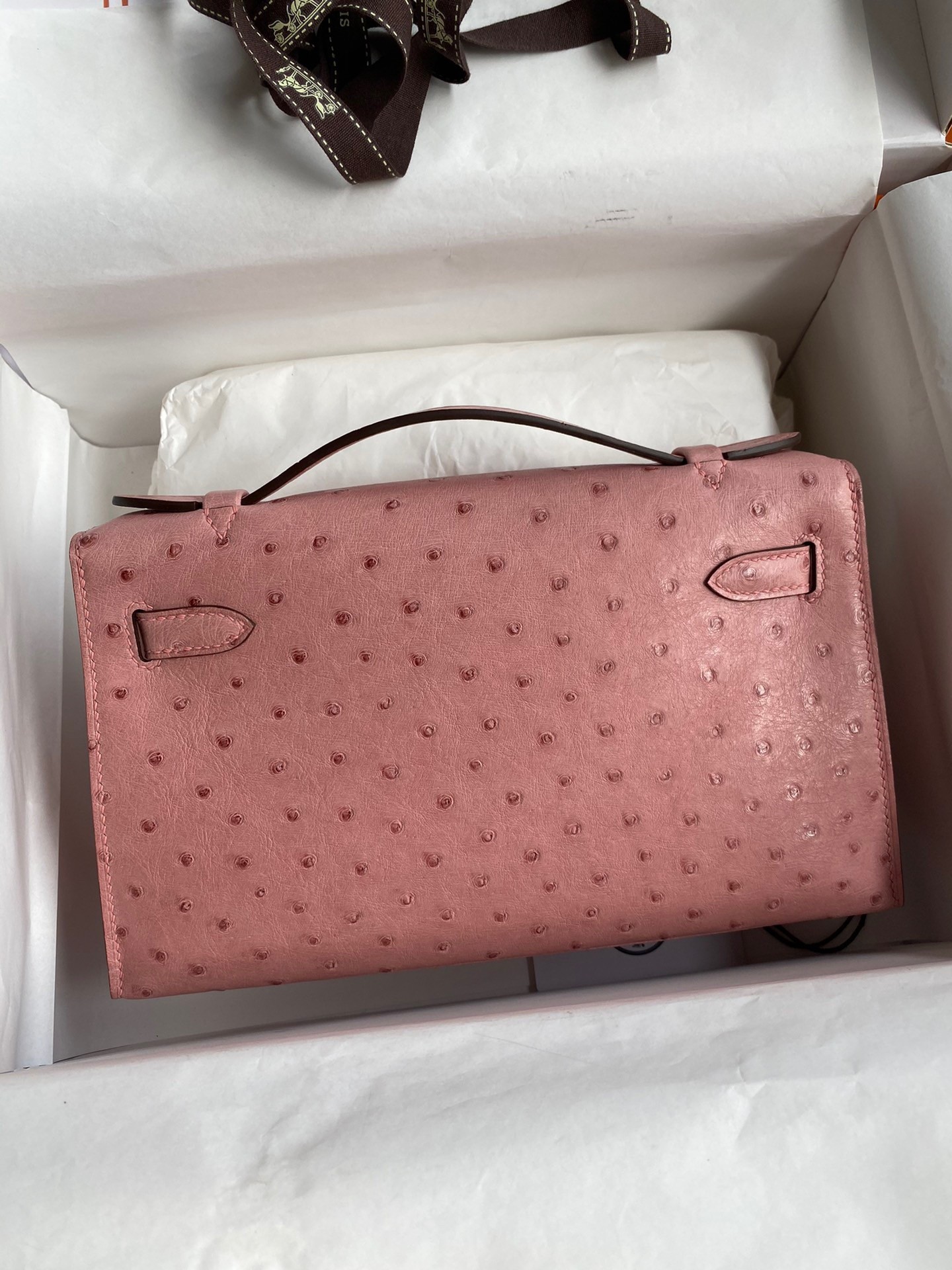 H**mes kelly pochette handmade bag in terre cuite ostrich leather