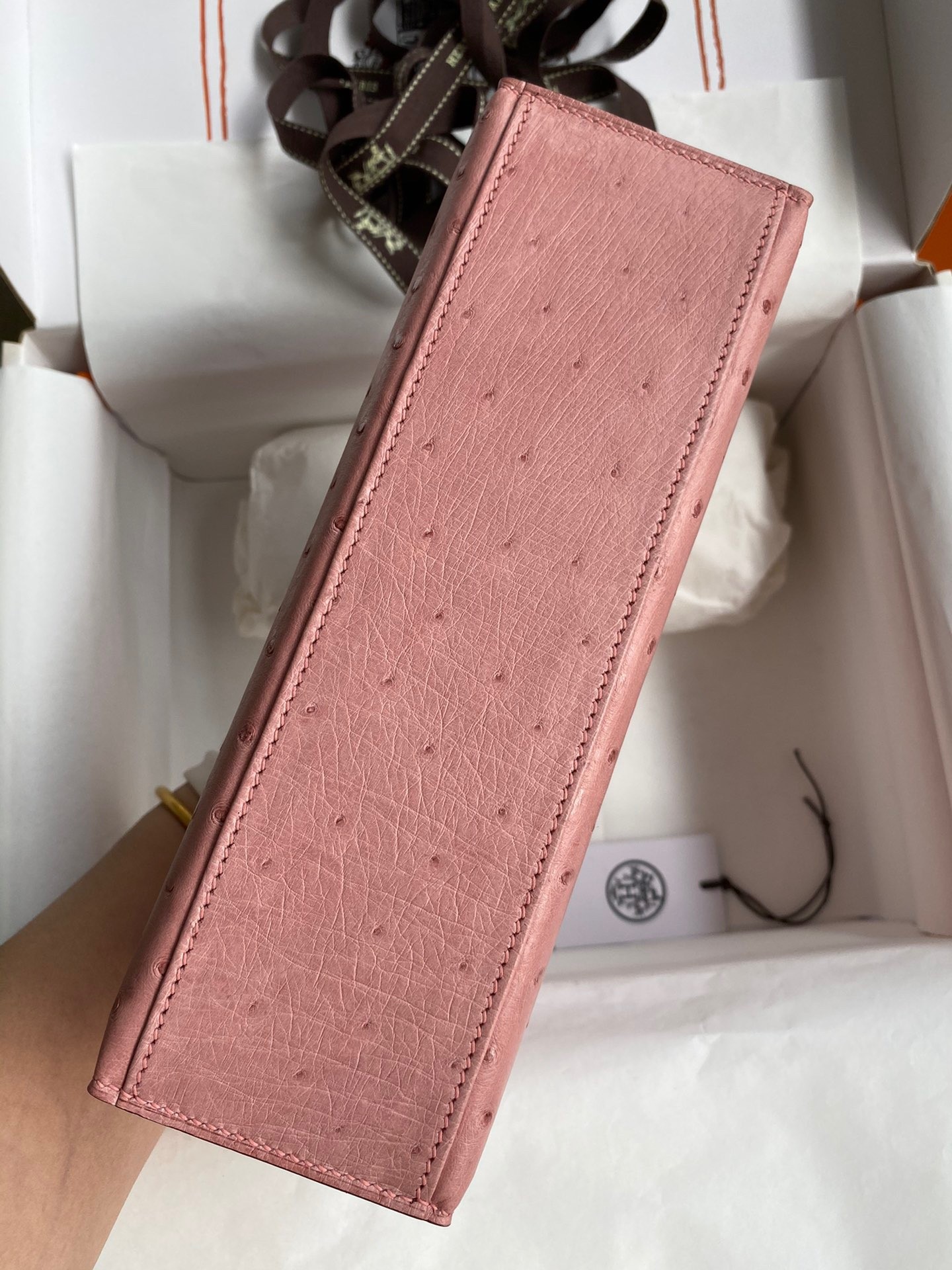 H**mes kelly pochette handmade bag in terre cuite ostrich leather
