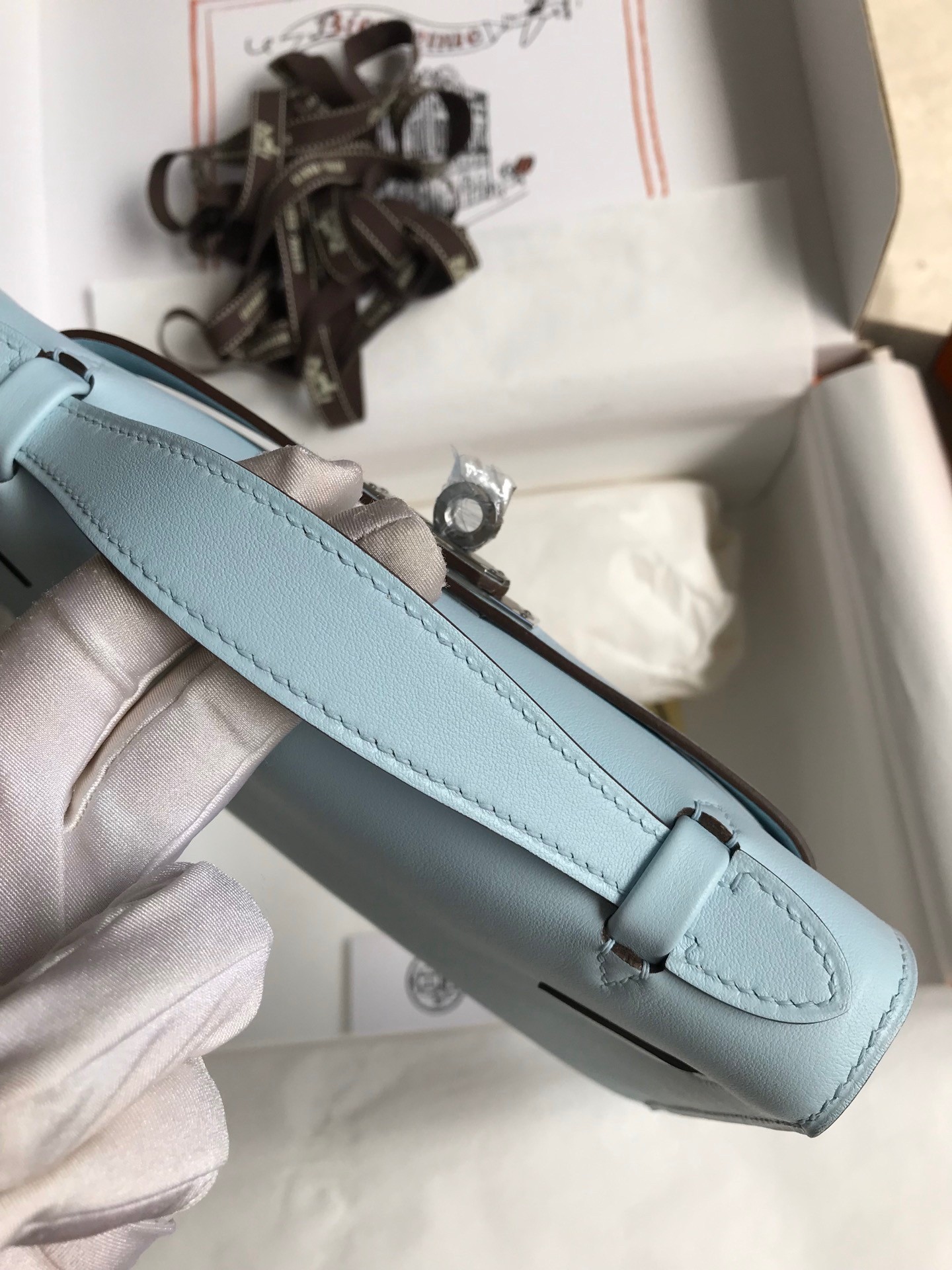 H**mes kelly pochette handmade bag in blue brume swift calfskin