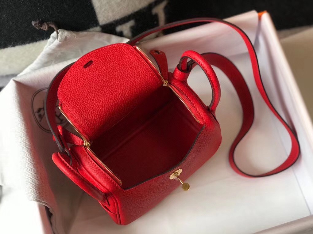H**mes lindy mini bag in red clemence calfskin