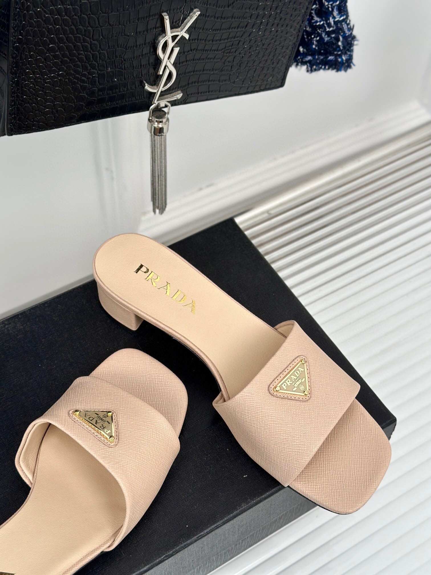 Pra*a heeled sandals 35mm in beige saffiano leather