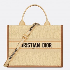 Dior Medium Book Tote Bag with Strap in Beige Oblique Embroidered Raffia