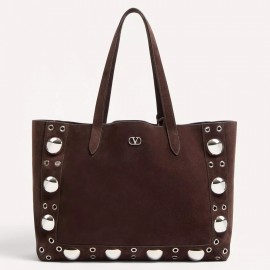 Valentino Nellcote Medium Shopping Bag in Chocolate Suede Calfskin