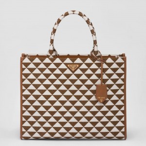 Prada Symbole Large Bag In White/Brown Jjacquard Fabric