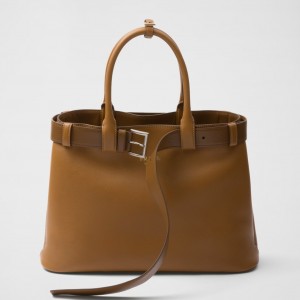 Prada Buckle Large Handbag with Belt in Caramel Calfskin 
