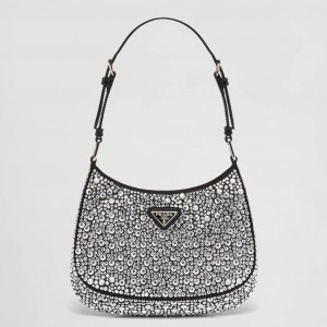 Prada Cleo Bag In Black Satin with Cystal Appliques