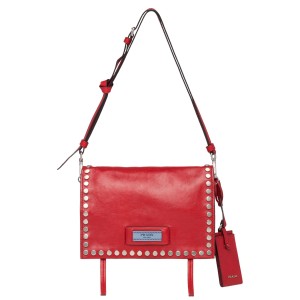 Prada Etiquette Bag In Red Calfskin With Metal Stud Trim
