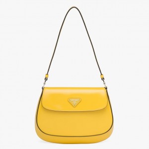 Prada Yellow Brushed Leather Cleo Shoulder Bag with Flap