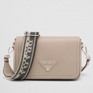 Prada Flap Shoulder Bag in Grey Grained Leather